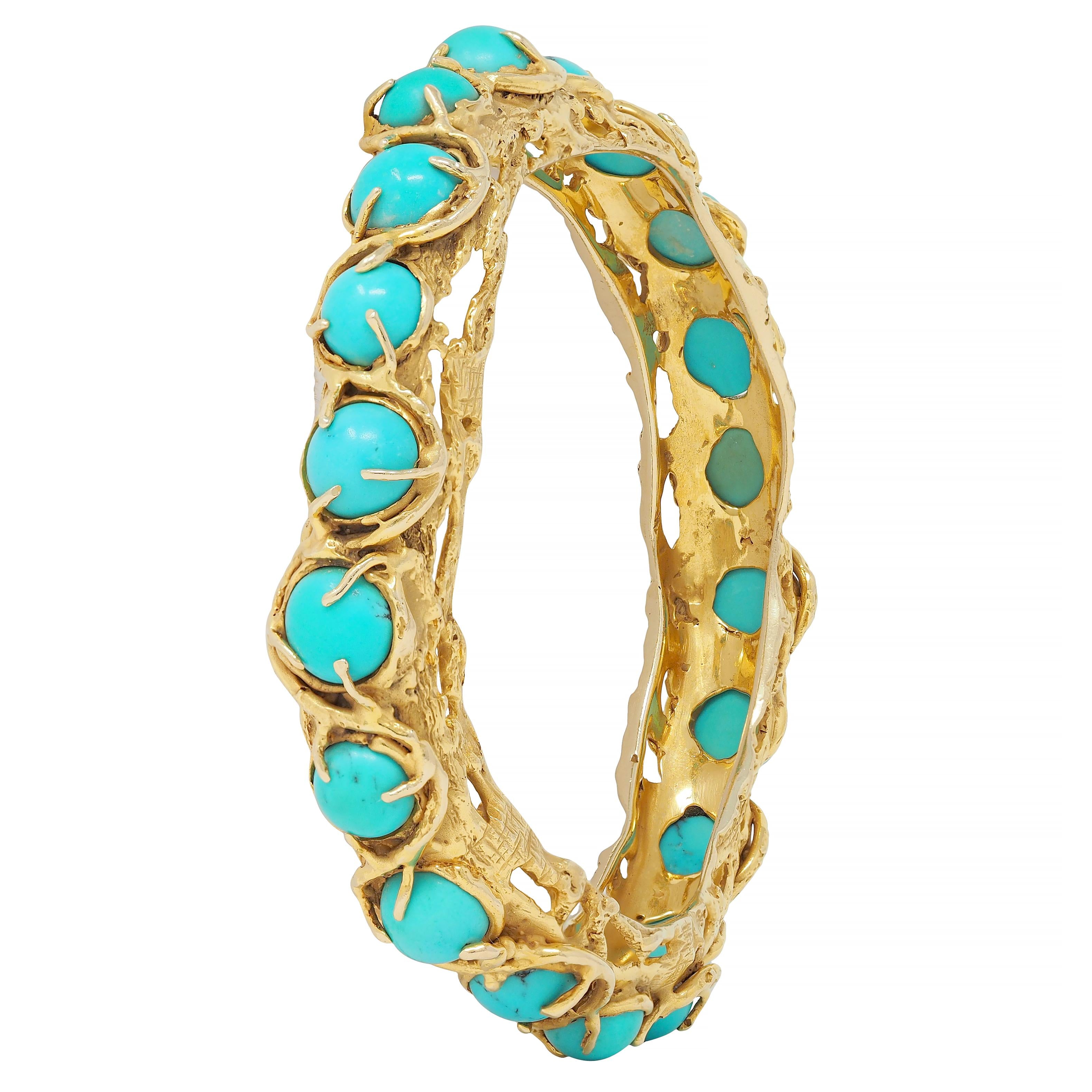 Arthur King Brutalist Turquoise Cabochon 18K Gold Vintage Bangle Bracelet