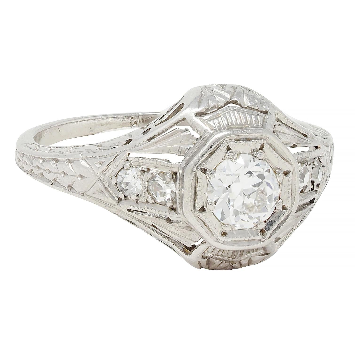 1926 Art Deco 0.38 CTW Old European Diamond Platinum Vintage Engagement Ring