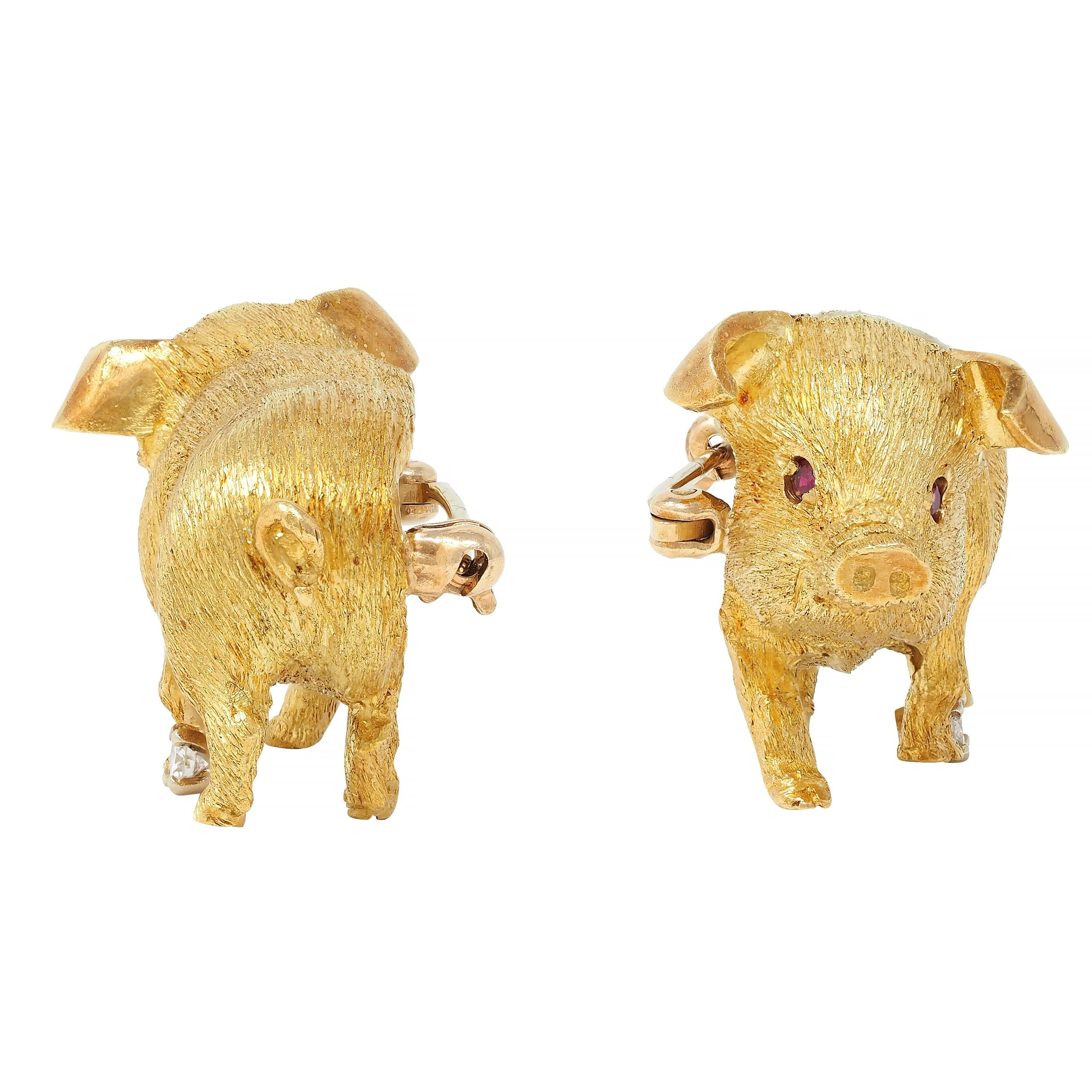 George Lederman 1960's Ruby Diamond 18 Karat Two-Tone Gold Vintage Pig Brooch
