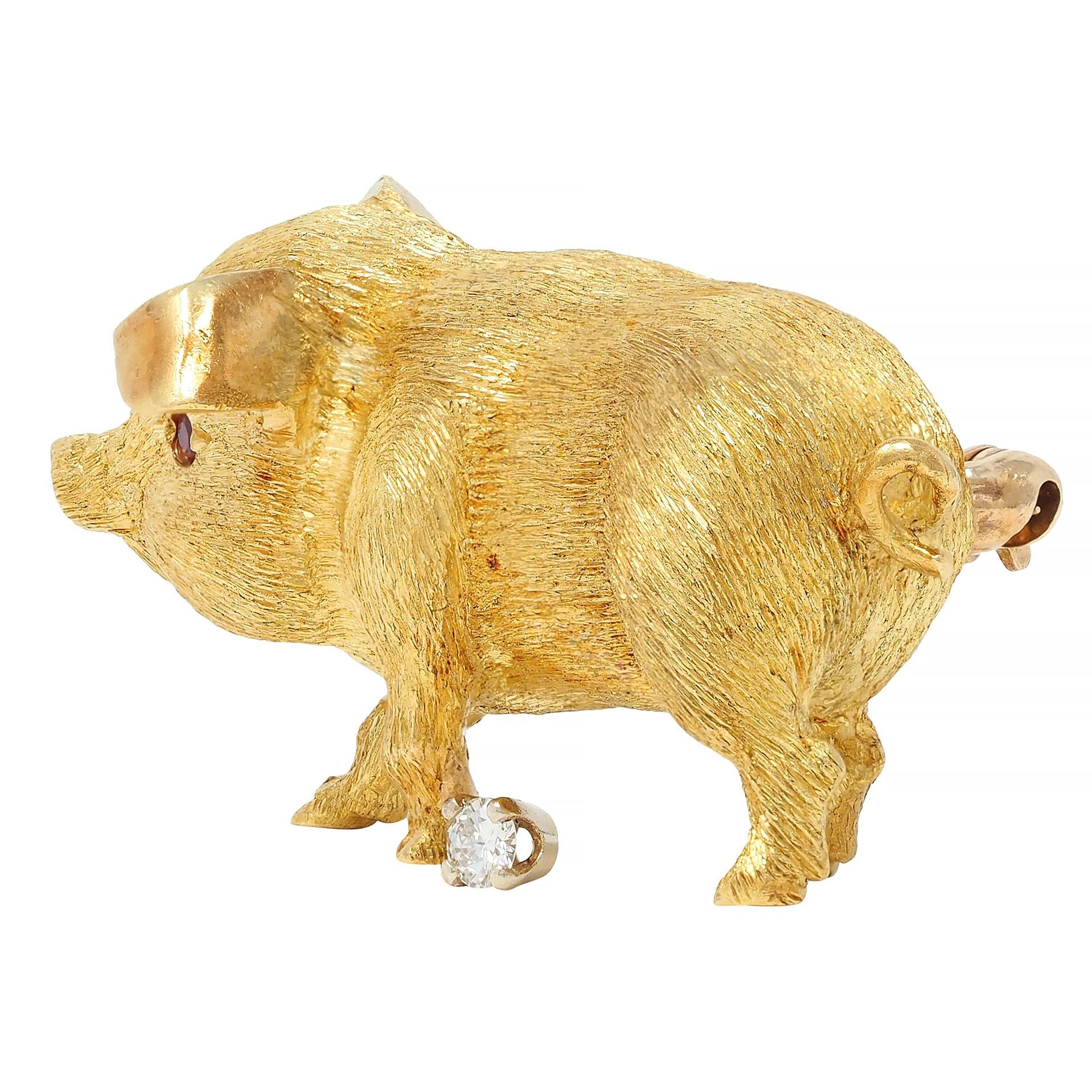 George Lederman 1960's Ruby Diamond 18 Karat Two-Tone Gold Vintage Pig Brooch