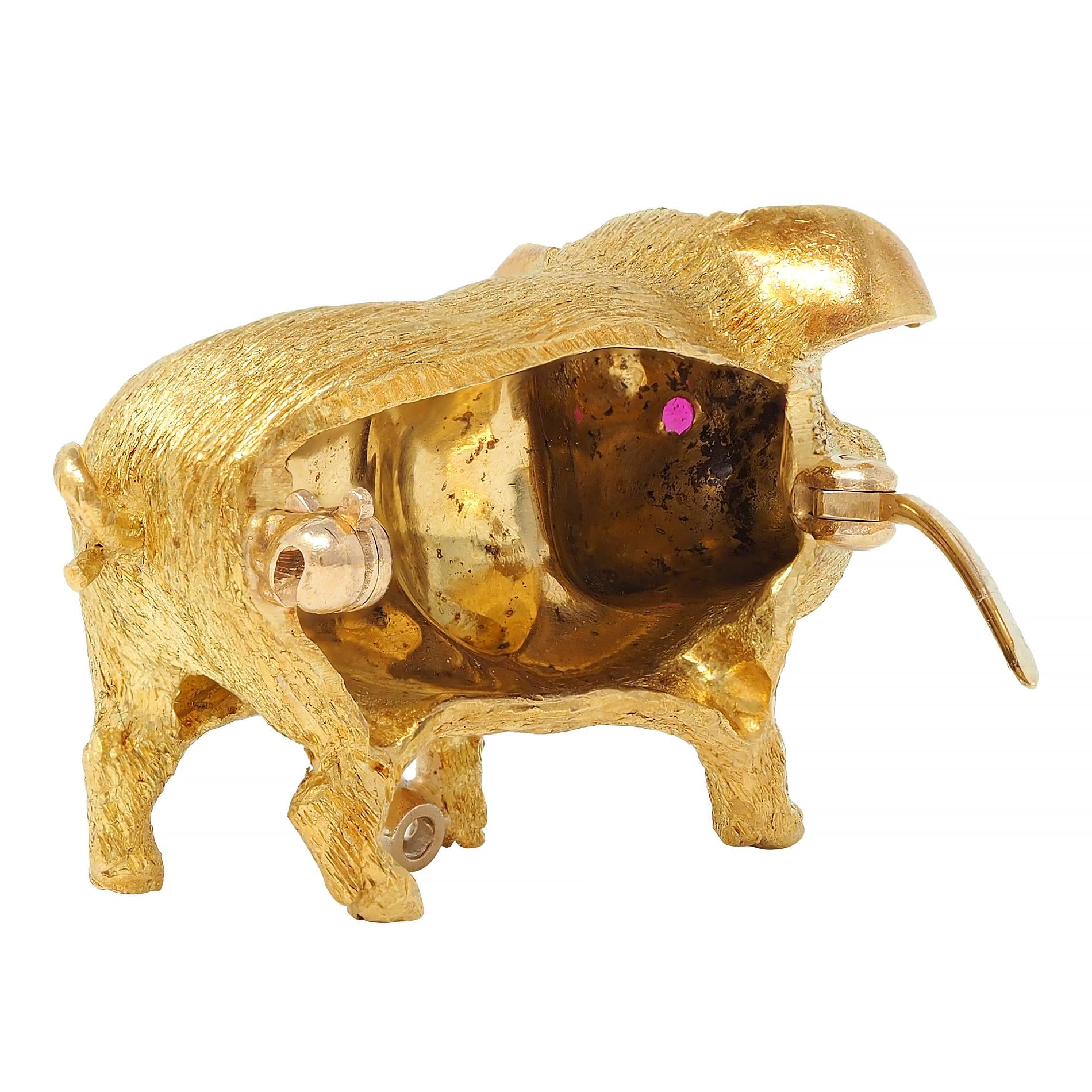 George Lederman 1960's Ruby Diamond 18 Karat Two-Tone Gold Vintage Pig Brooch