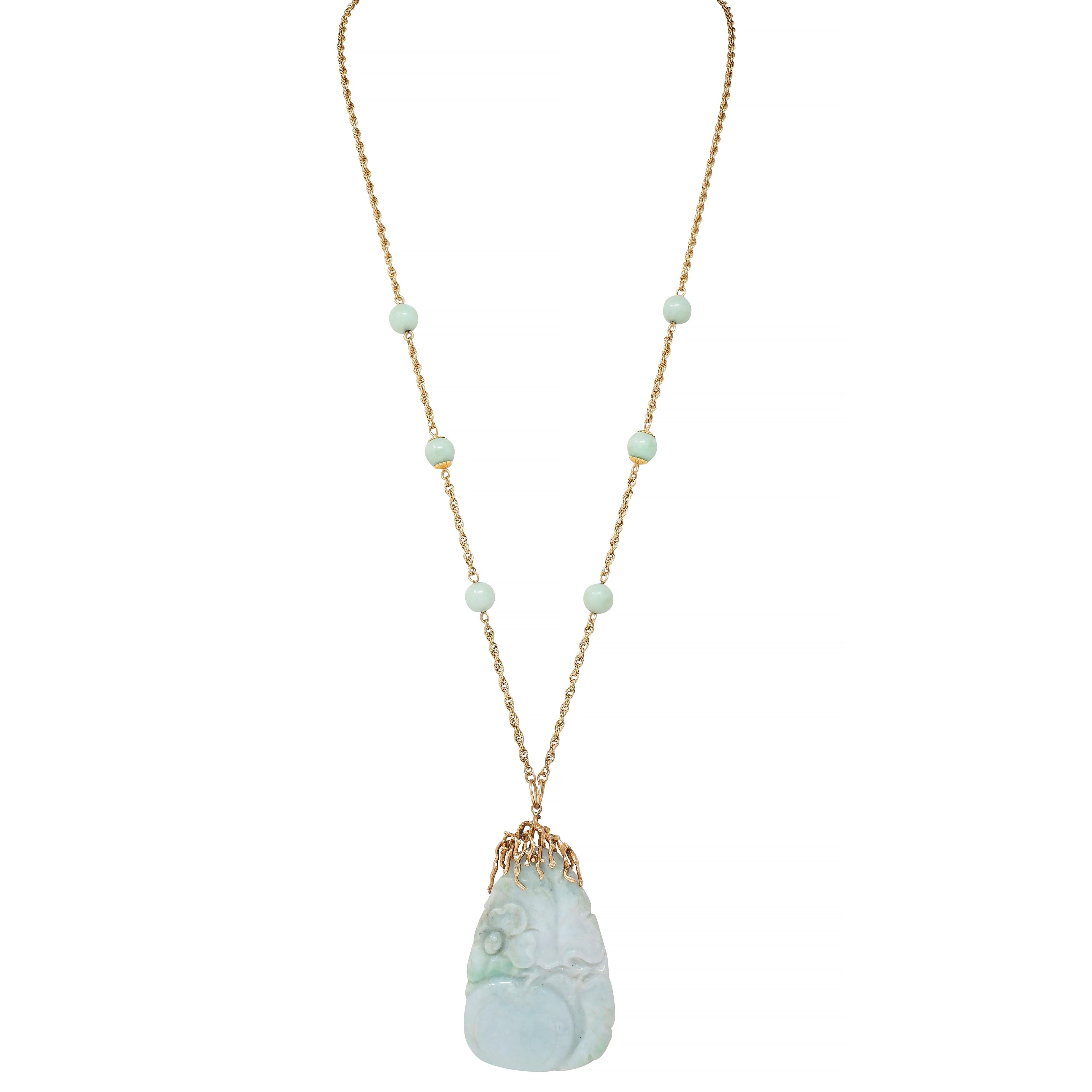 1960 Brutalist Jade 14 Karat Yellow Gold Vintage Tomato Pendant Station Neklace