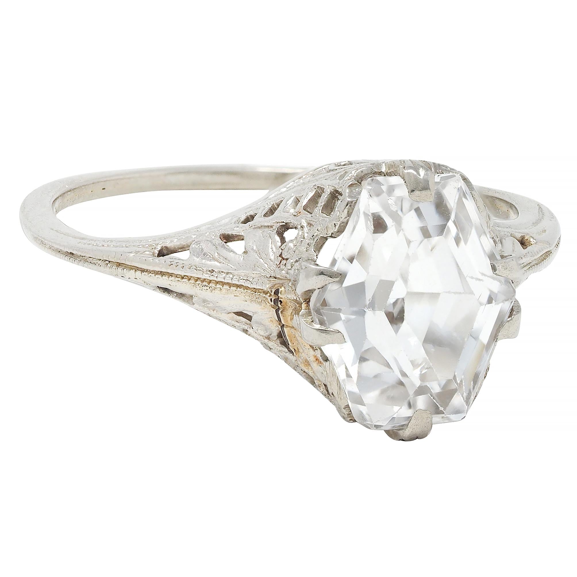Art Deco Step Cut White Garnet 14 Karat White Gold Vintage Foliate Ring