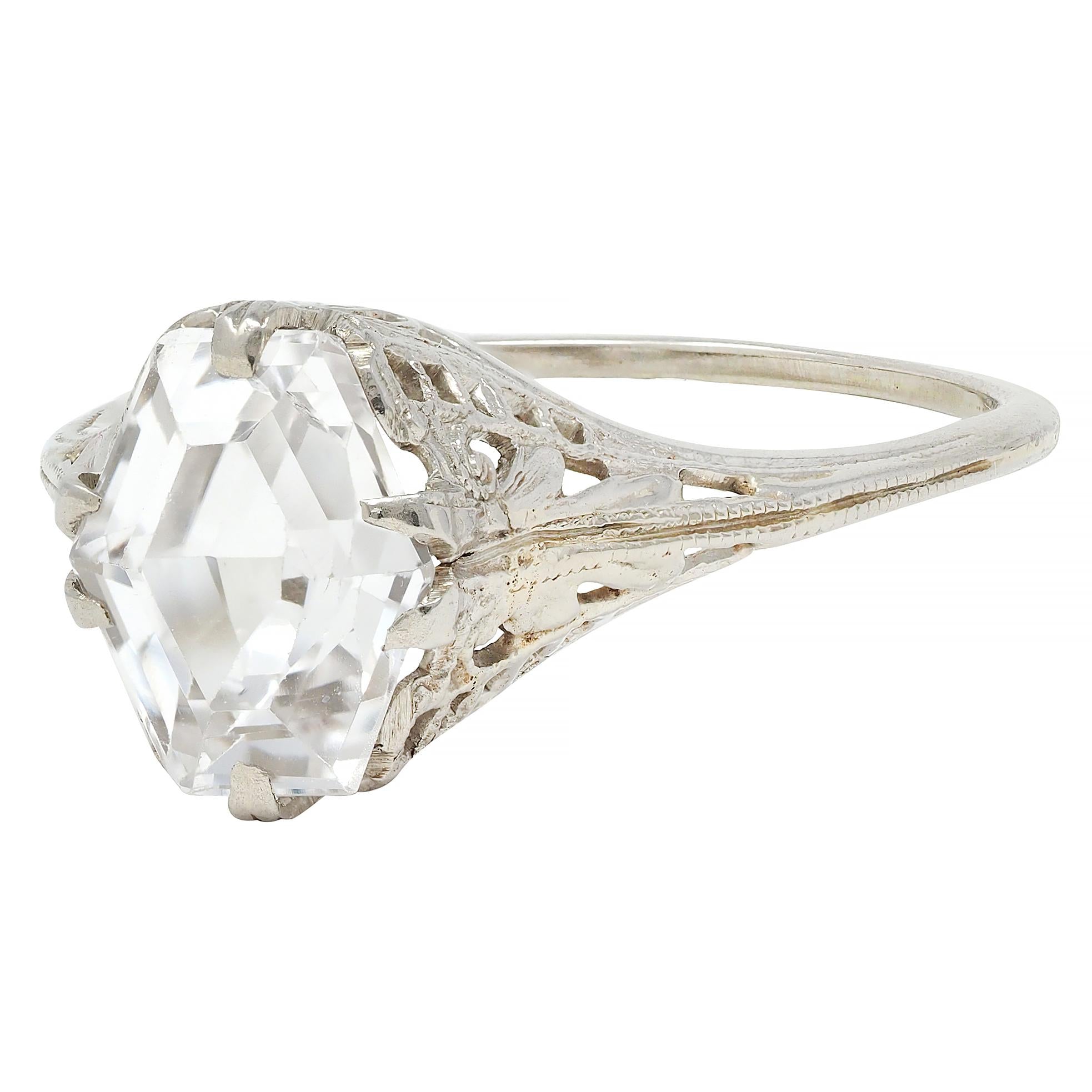 Art Deco Step Cut White Garnet 14 Karat White Gold Vintage Foliate Ring