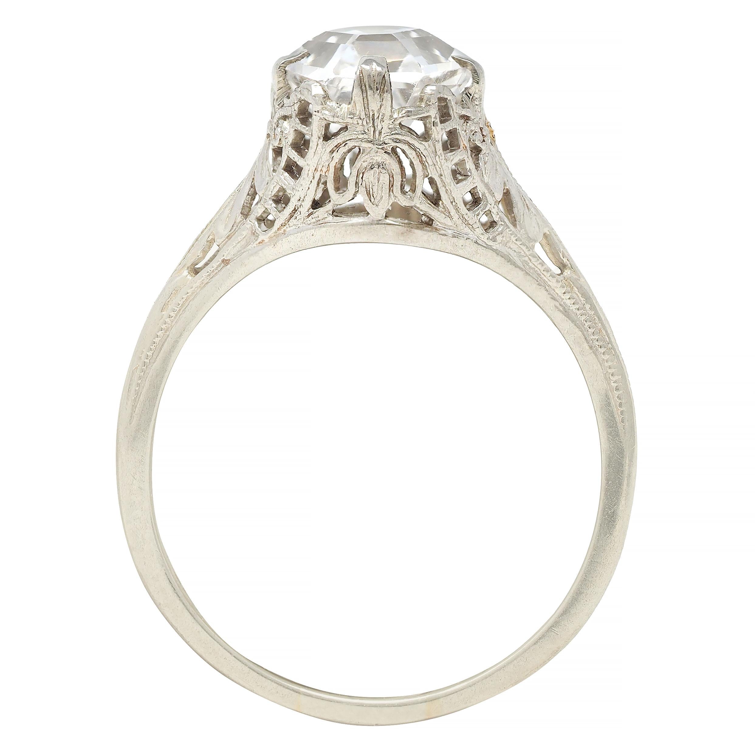 Art Deco Step Cut White Garnet 14 Karat White Gold Vintage Foliate Ring