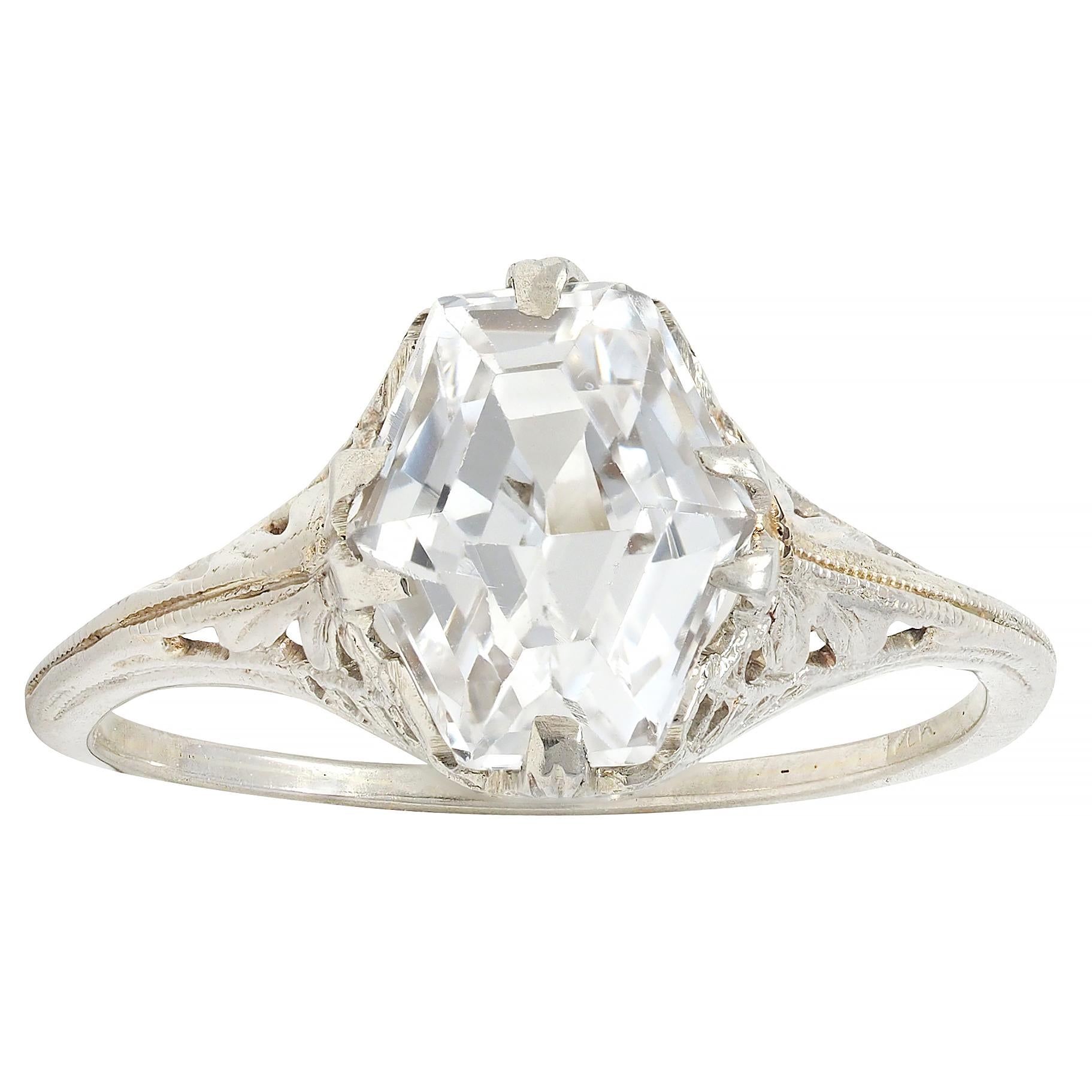 Art Deco Step Cut White Garnet 14 Karat White Gold Vintage Foliate Ring