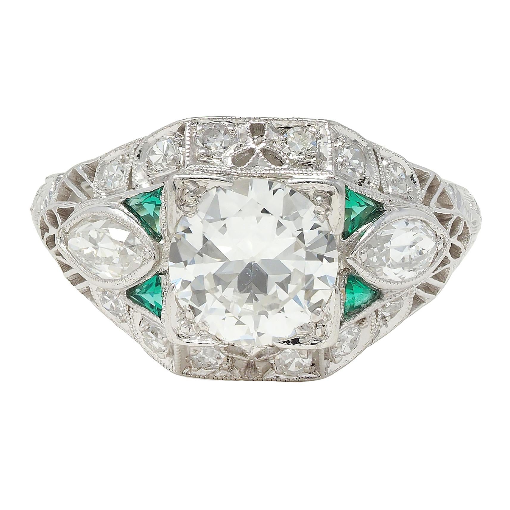 Art Deco 1.72 CTW Diamond Emerald Platinum Vintage Wheat Bombé Engagement Ring