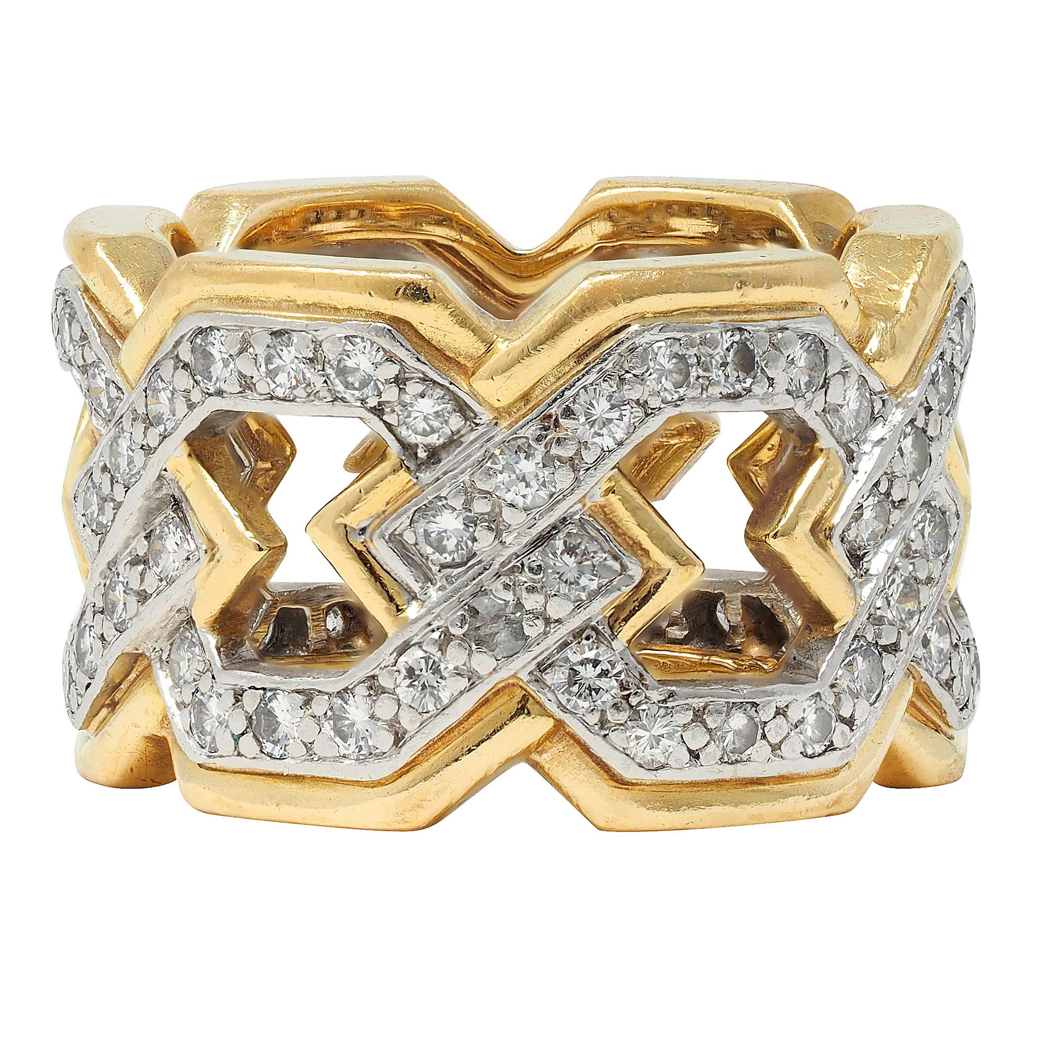 David Webb 1970's Diamond Platinum 18K Gold Curb Link Vintage Band Ring