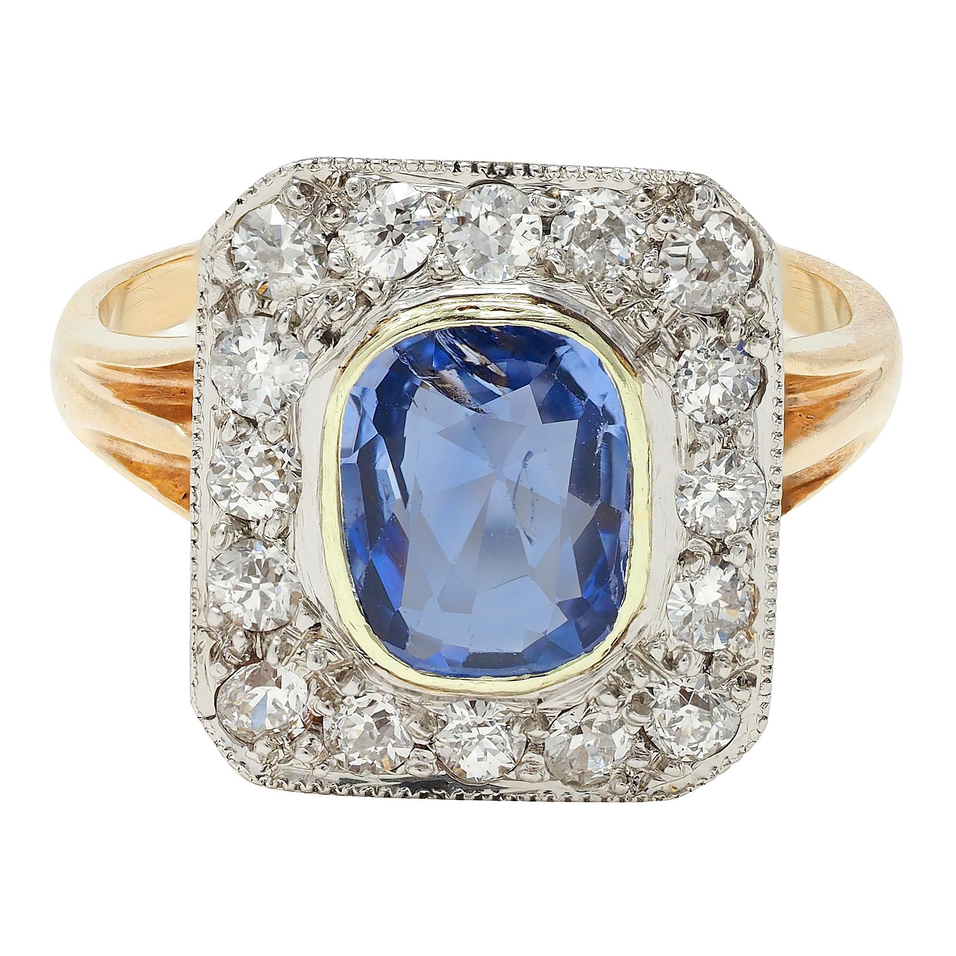 Edwardian 2.98 CTW Sapphire Diamond Platinum 14 Karat Gold Antique Halo Ring