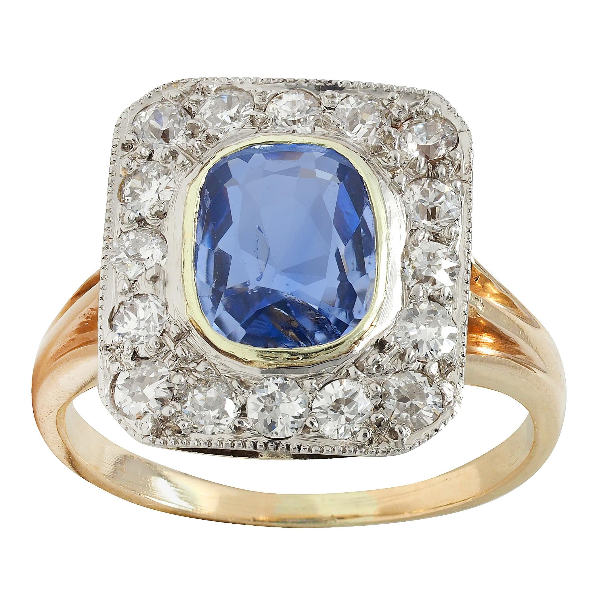 Edwardian 2.98 CTW Sapphire Diamond Platinum 14 Karat Gold Antique Halo Ring