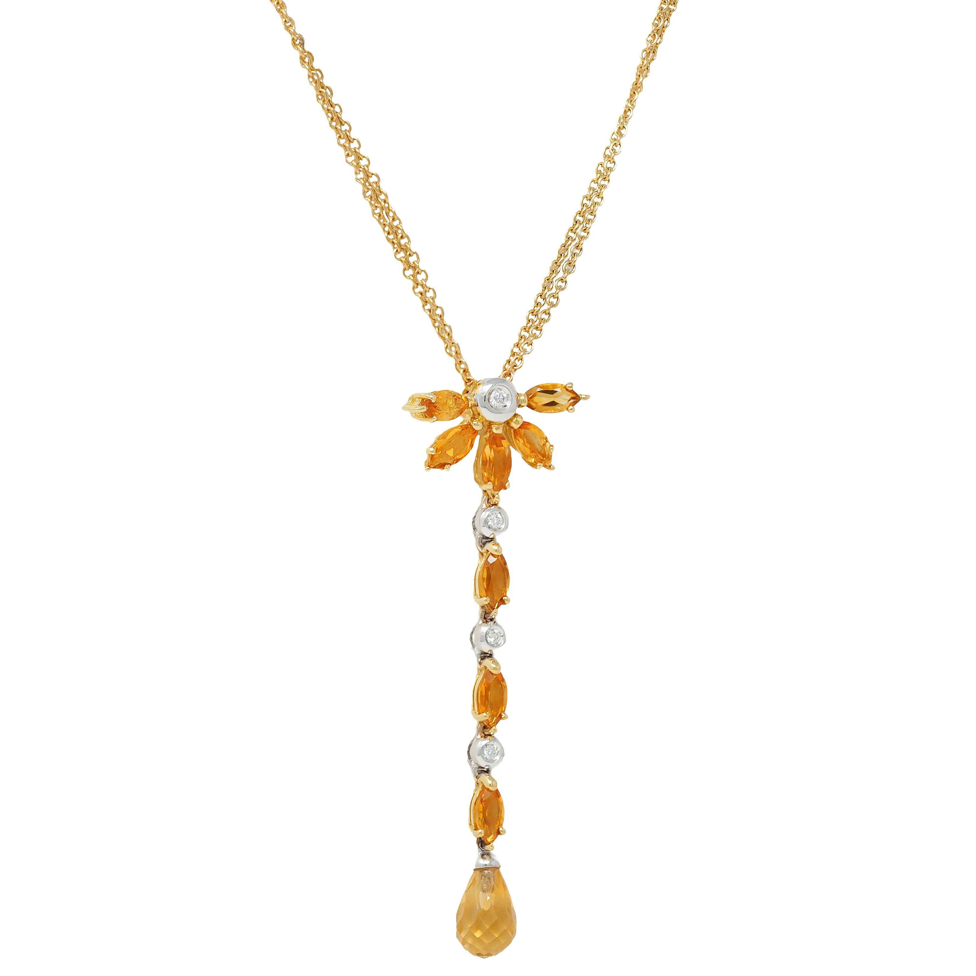 Contemporary 1.50 CTW Citrine Diamond 18 Karat Two-Tone Gold Drop Necklace