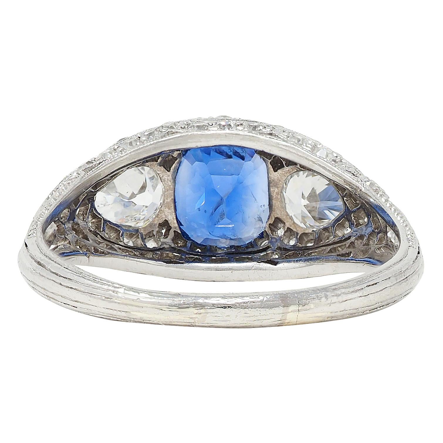 Art Deco 2.85 CTW No Heat Ceylon Sapphire Diamond Platinum Vintage Bombé Ring