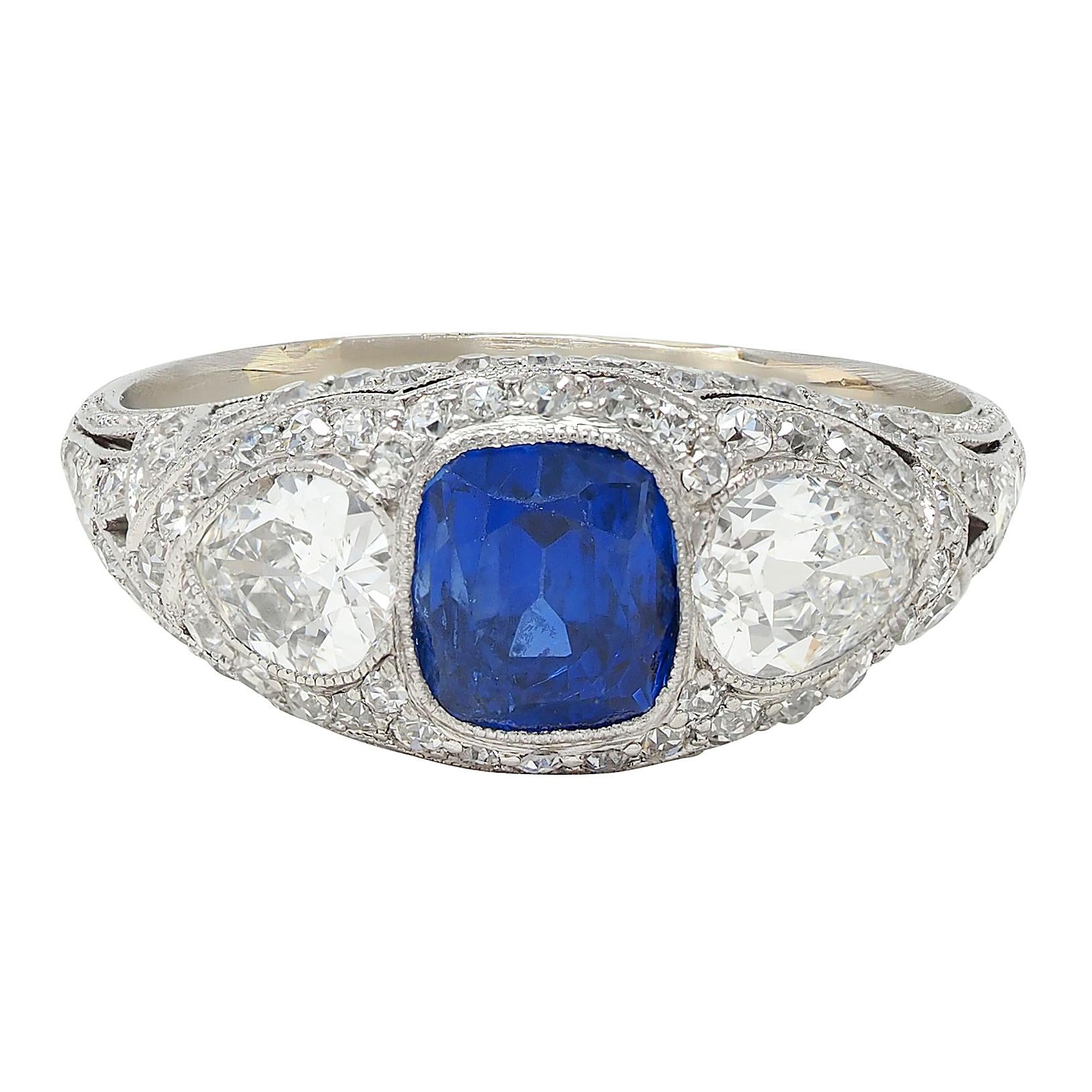 Art Deco 2.85 CTW No Heat Ceylon Sapphire Diamond Platinum Vintage Bombé Ring