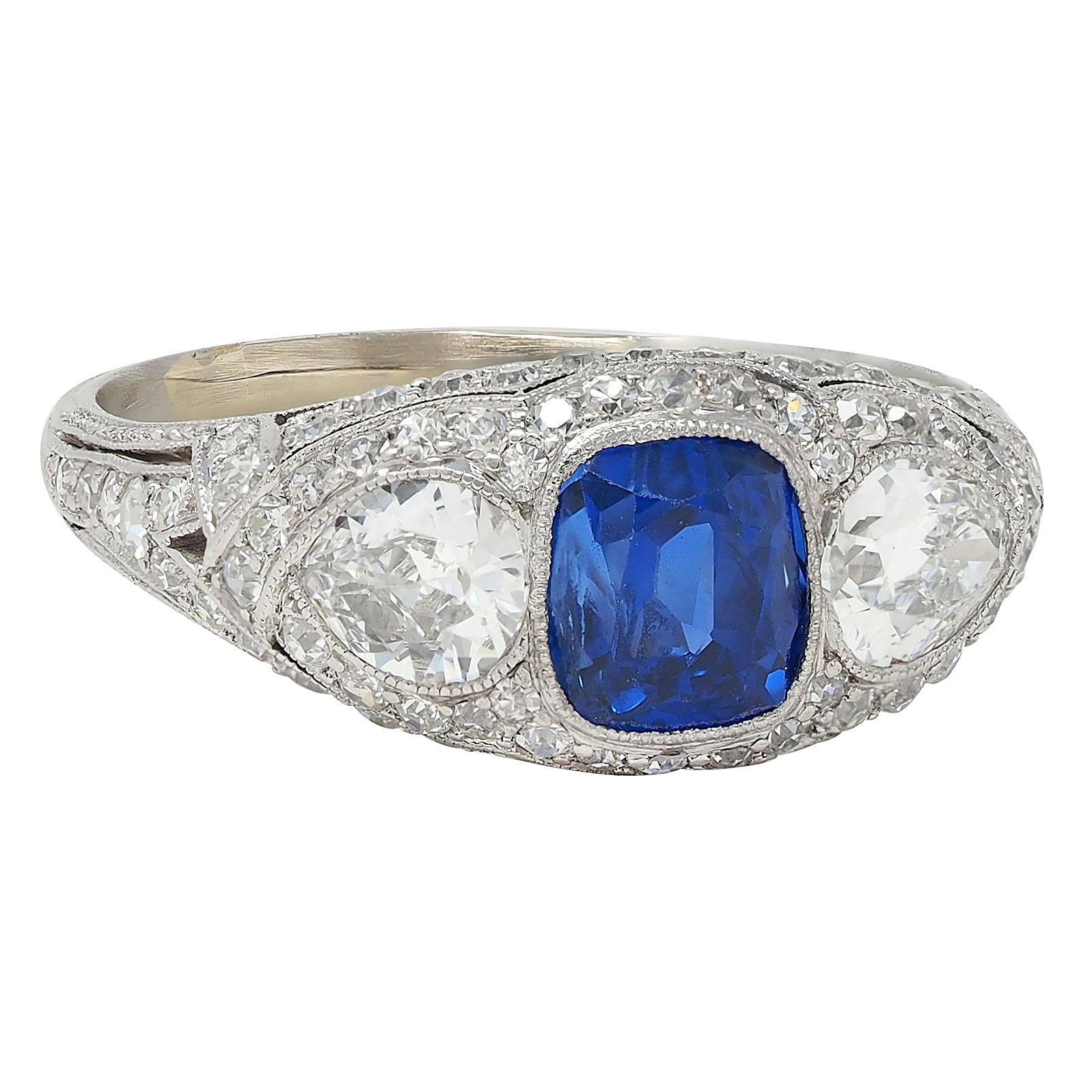 Art Deco 2.85 CTW No Heat Ceylon Sapphire Diamond Platinum Vintage Bombé Ring
