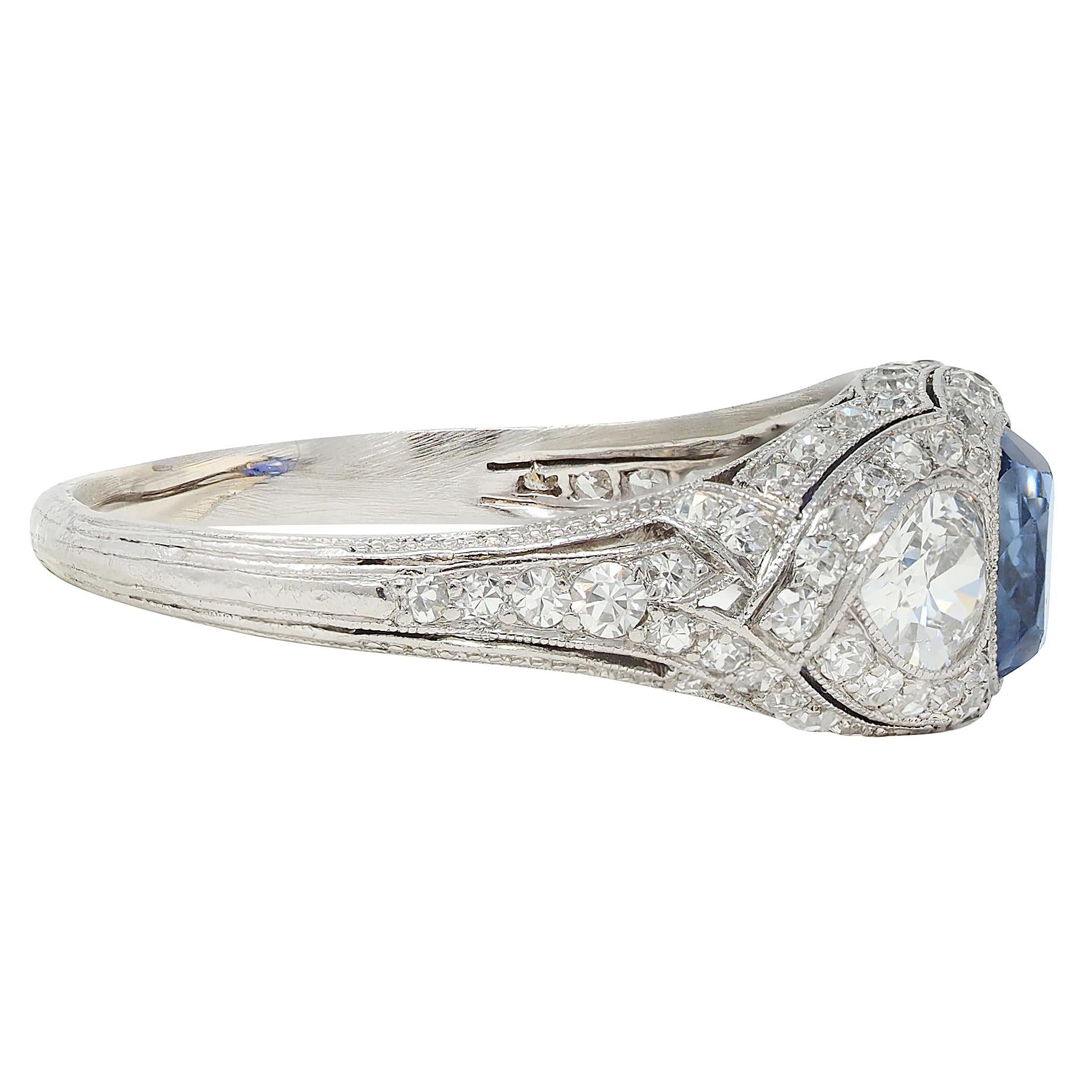 Art Deco 2.85 CTW No Heat Ceylon Sapphire Diamond Platinum Vintage Bombé Ring