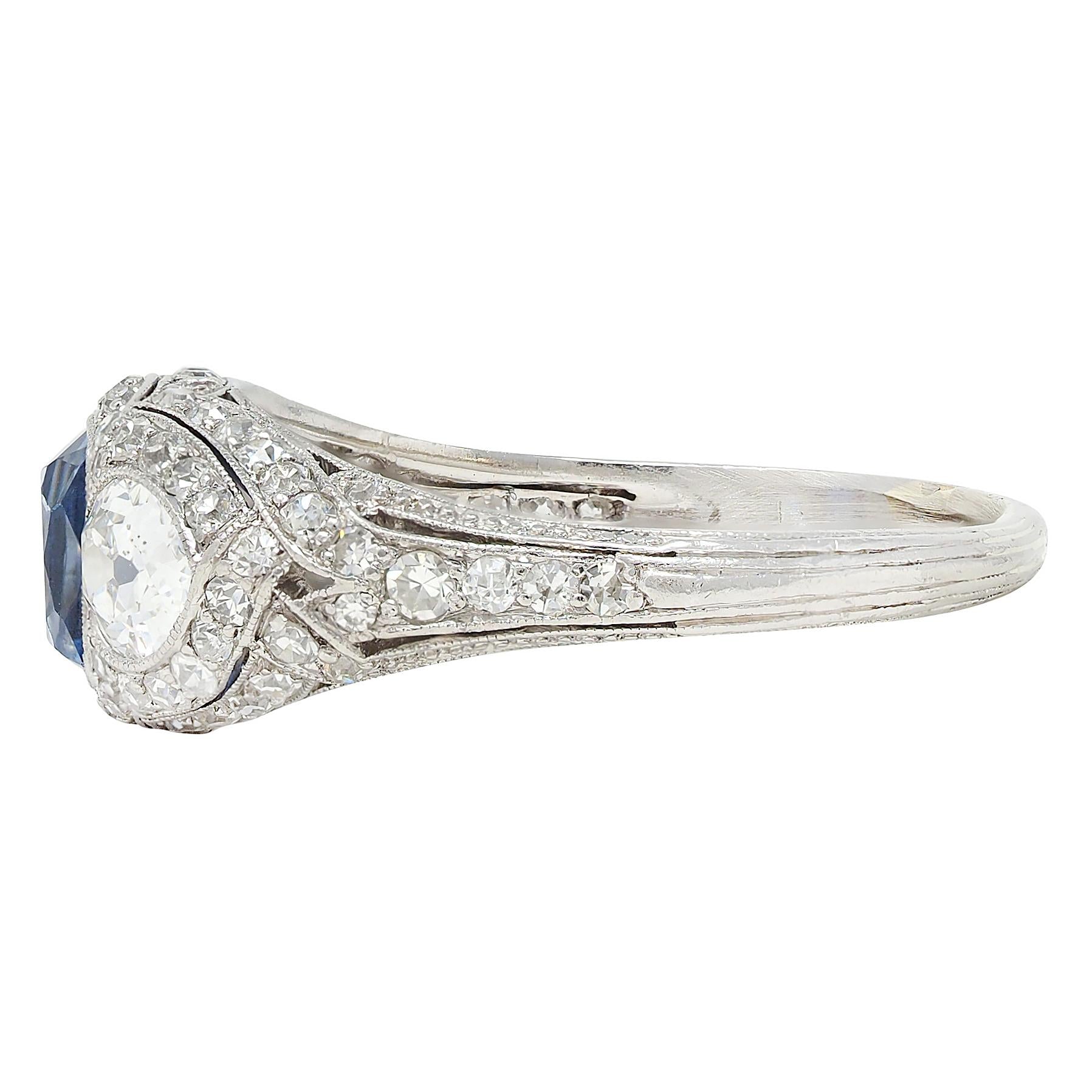 Art Deco 2.85 CTW No Heat Ceylon Sapphire Diamond Platinum Vintage Bombé Ring