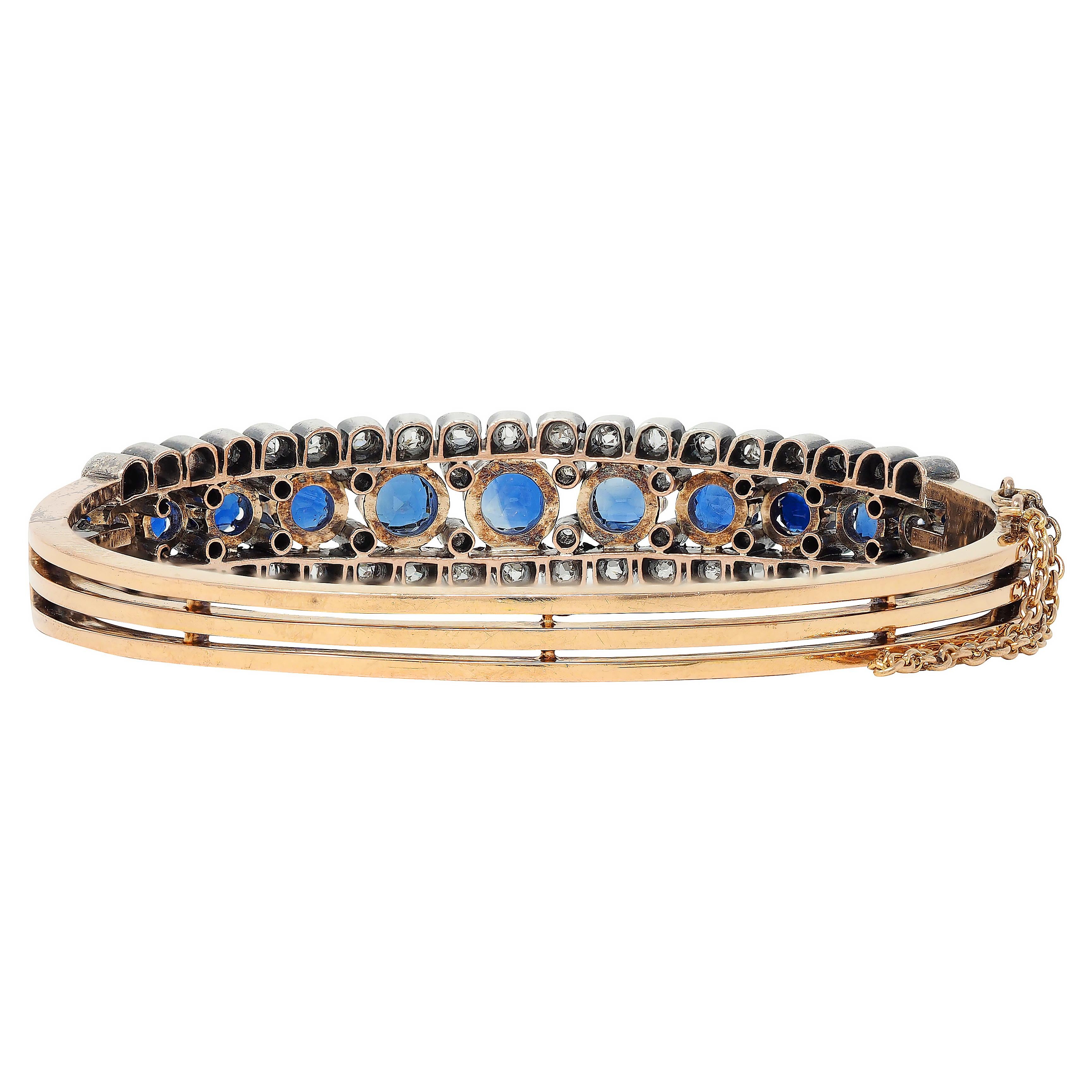 Victorian 8.51 CTW Sapphire Diamond 18K Gold Silver Antique Bangle Bracelet