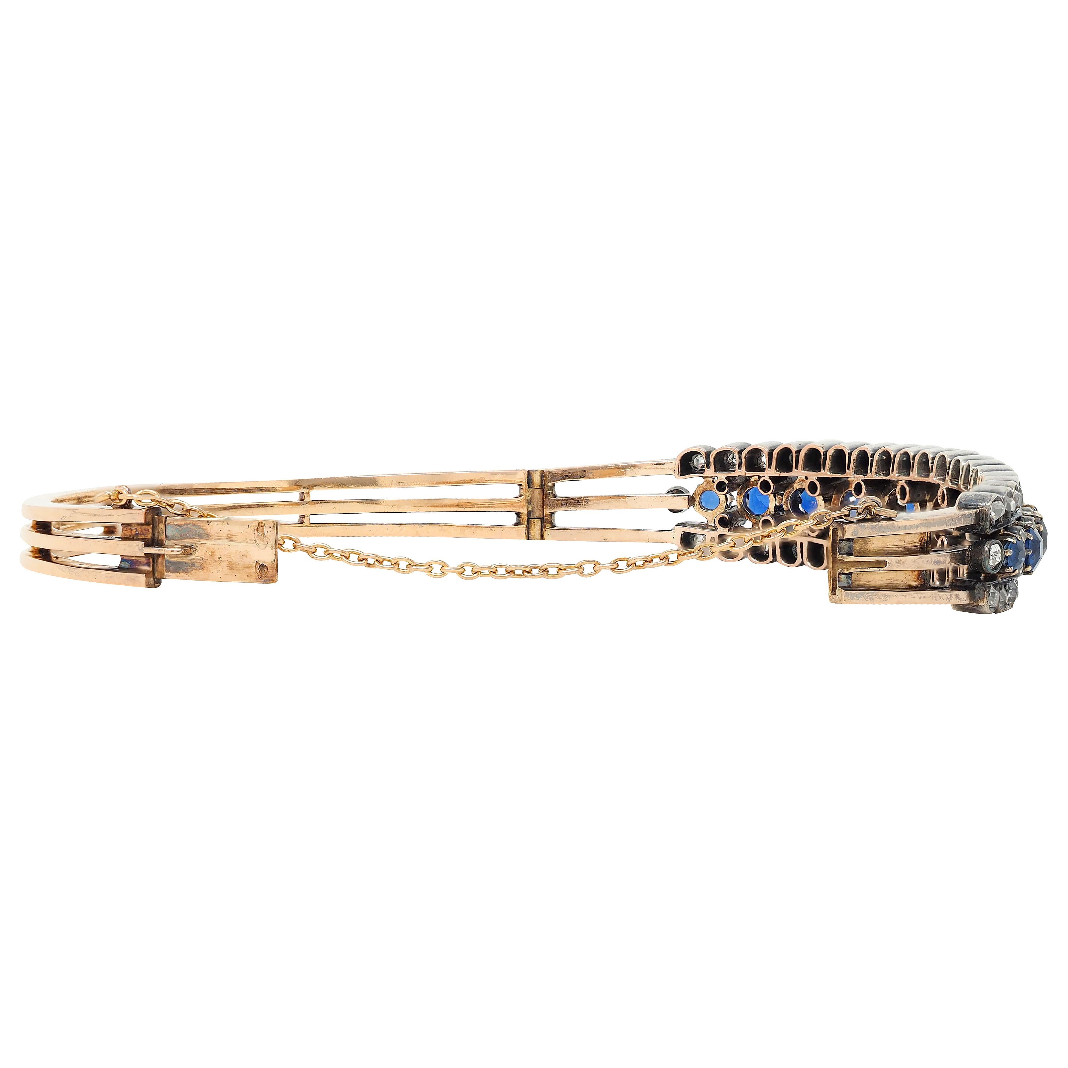 Victorian 8.51 CTW Sapphire Diamond 18K Gold Silver Antique Bangle Bracelet