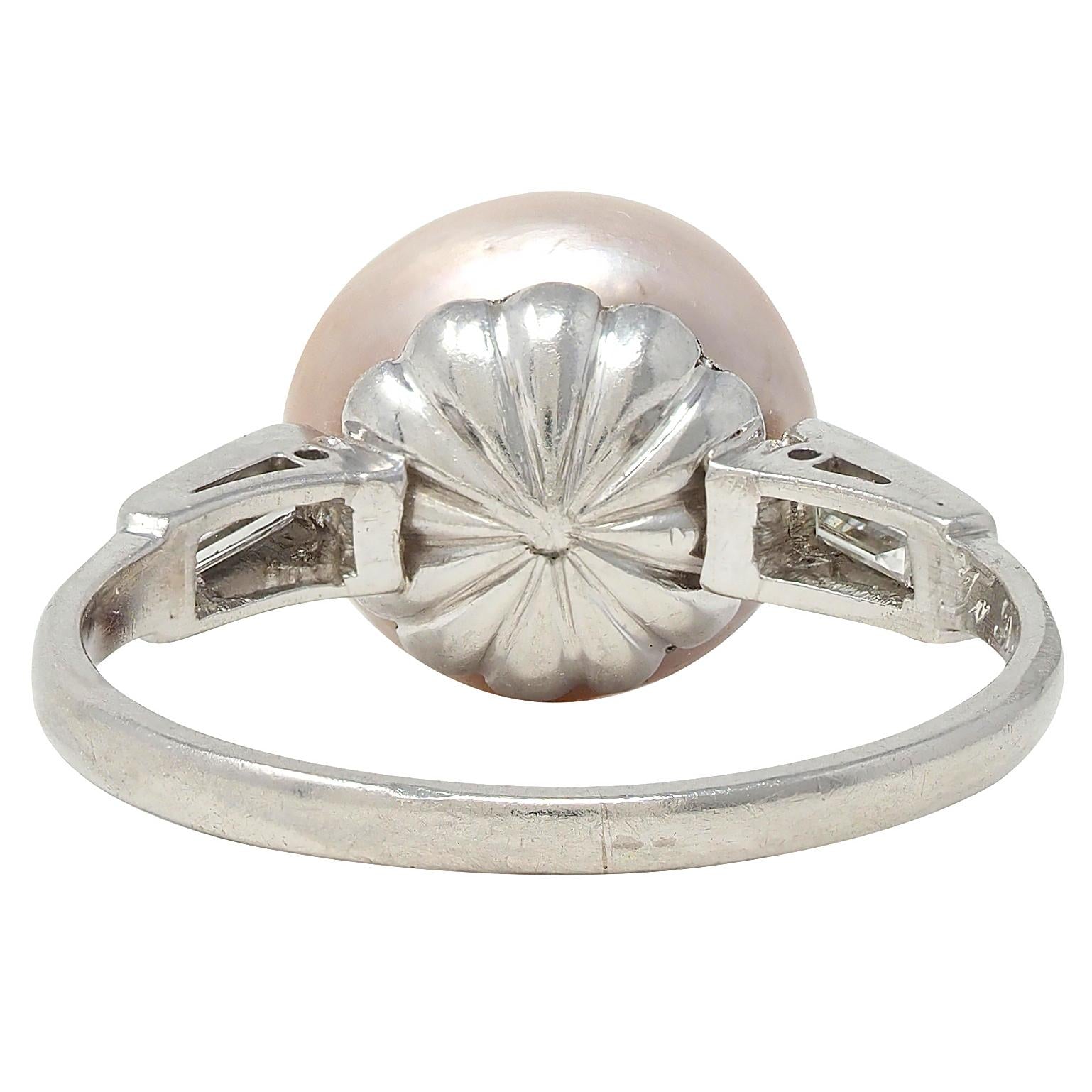 Art Deco 1933 Natural Saltwater Pearl Diamond Platinum Vintage Cocktail Ring