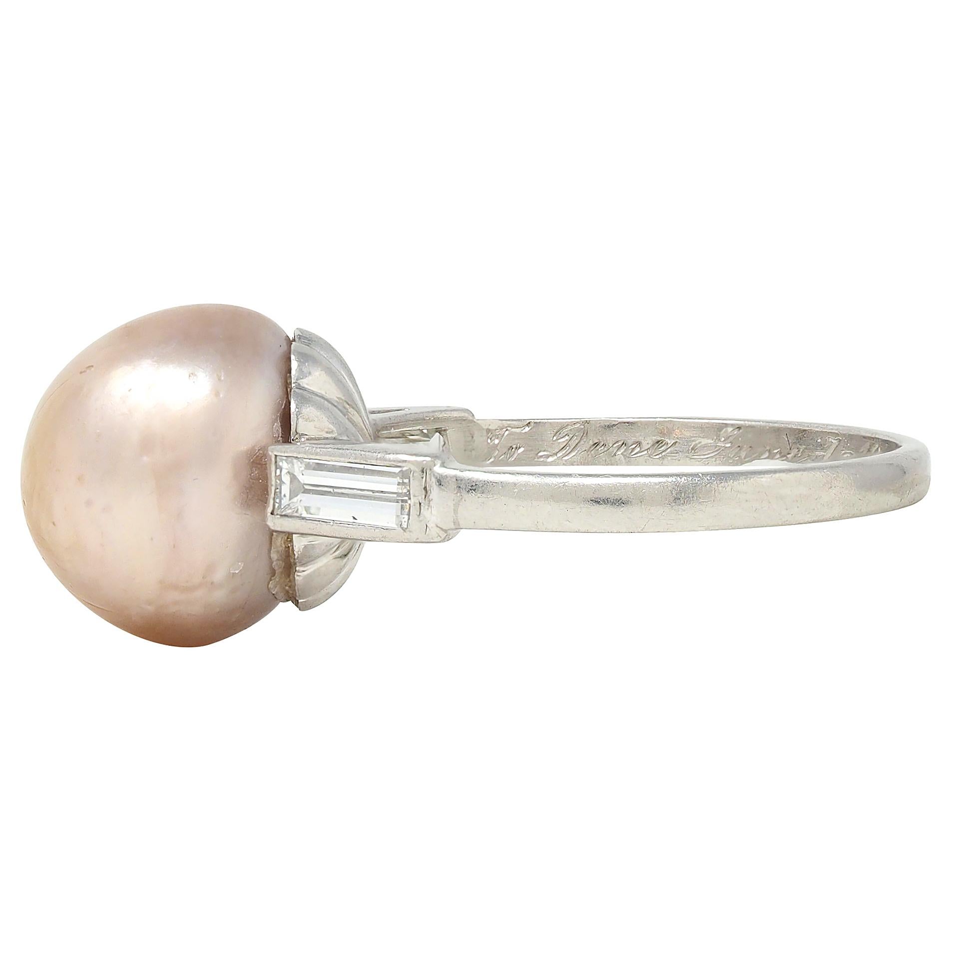 Art Deco 1933 Natural Saltwater Pearl Diamond Platinum Vintage Cocktail Ring