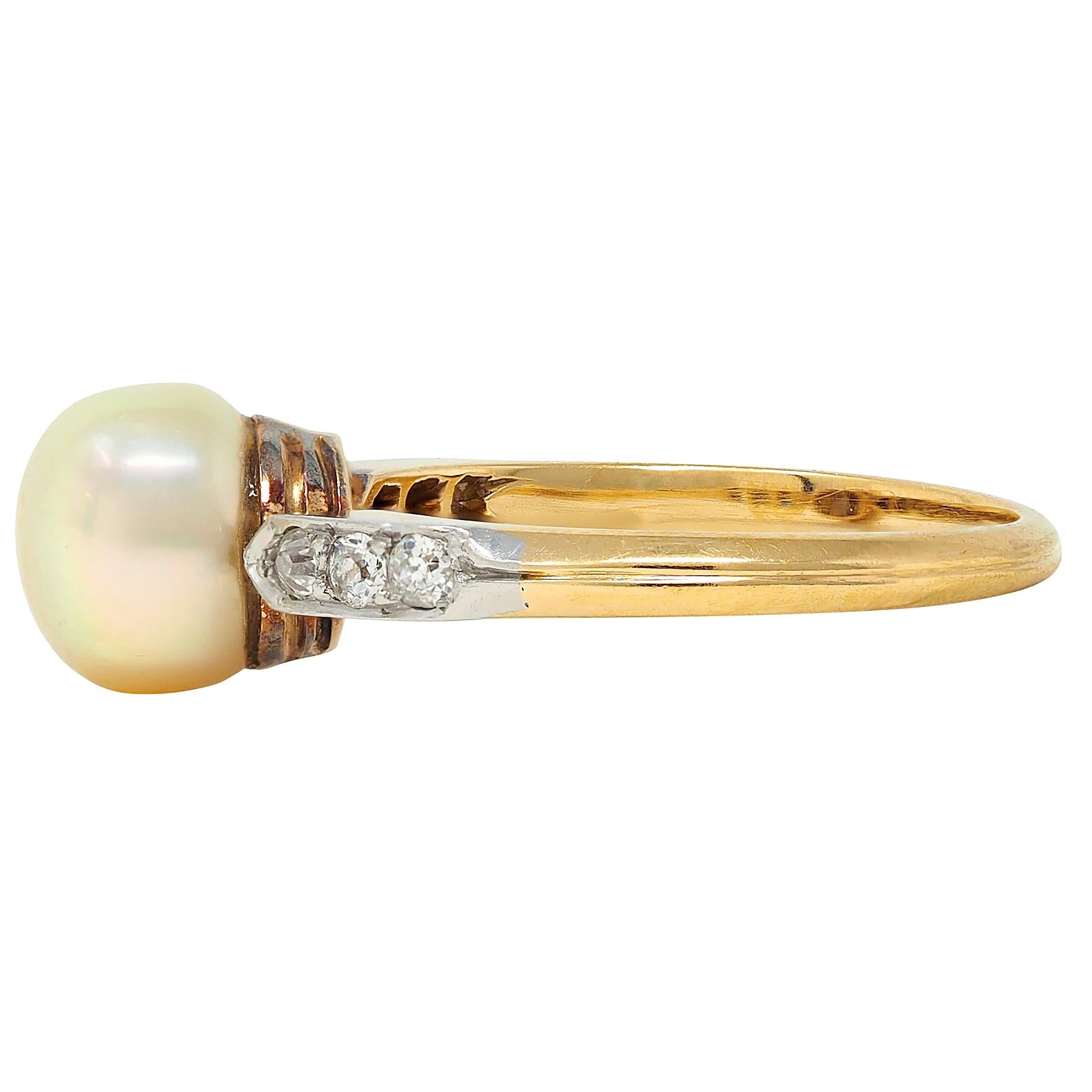 Edwardian Natural Saltwater Pearl Diamond Platinum 18K Gold Antique Ring GIA
