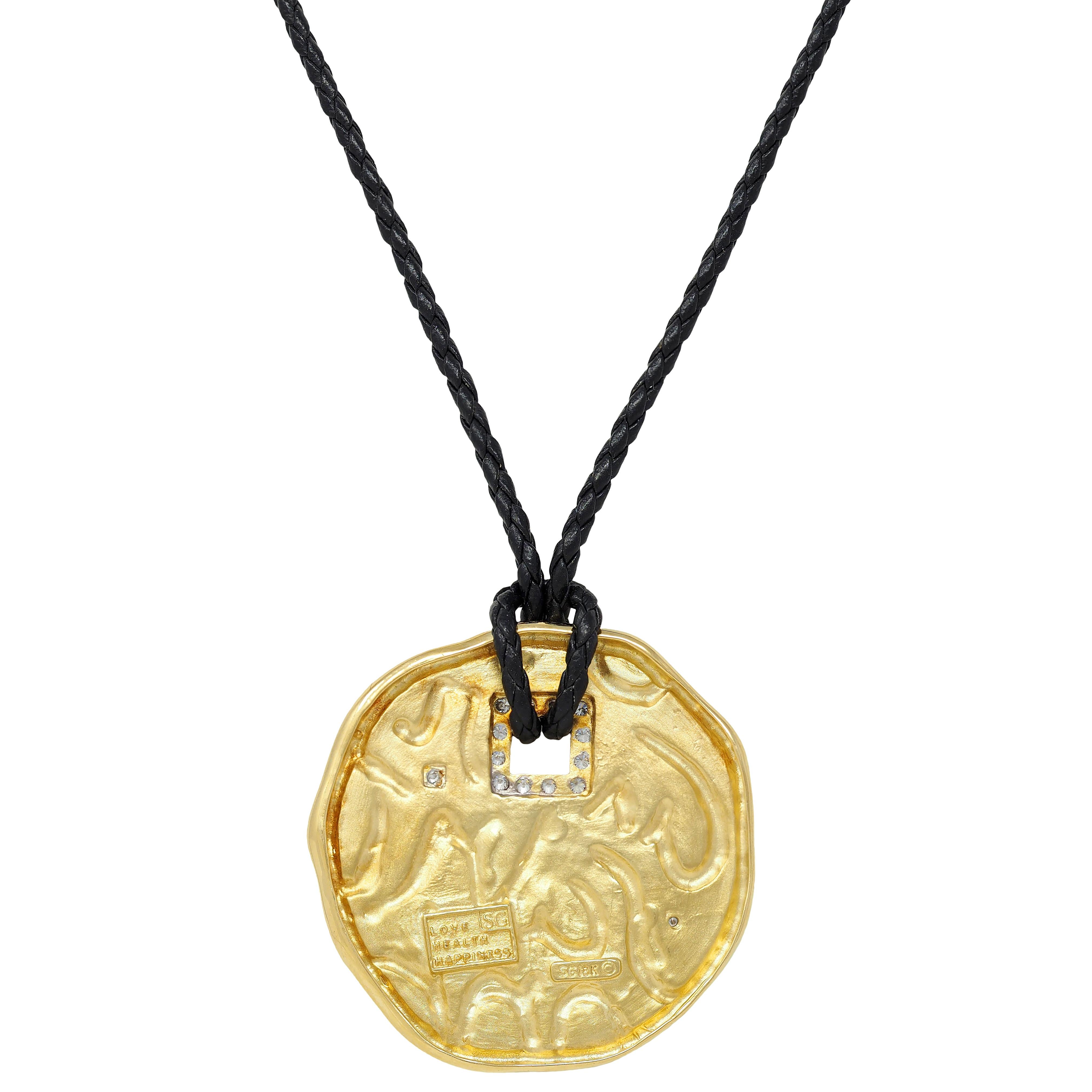 SeidenGang 2000's Diamond 18K Gold Leather Cord Circle Of Love Pendant Necklace