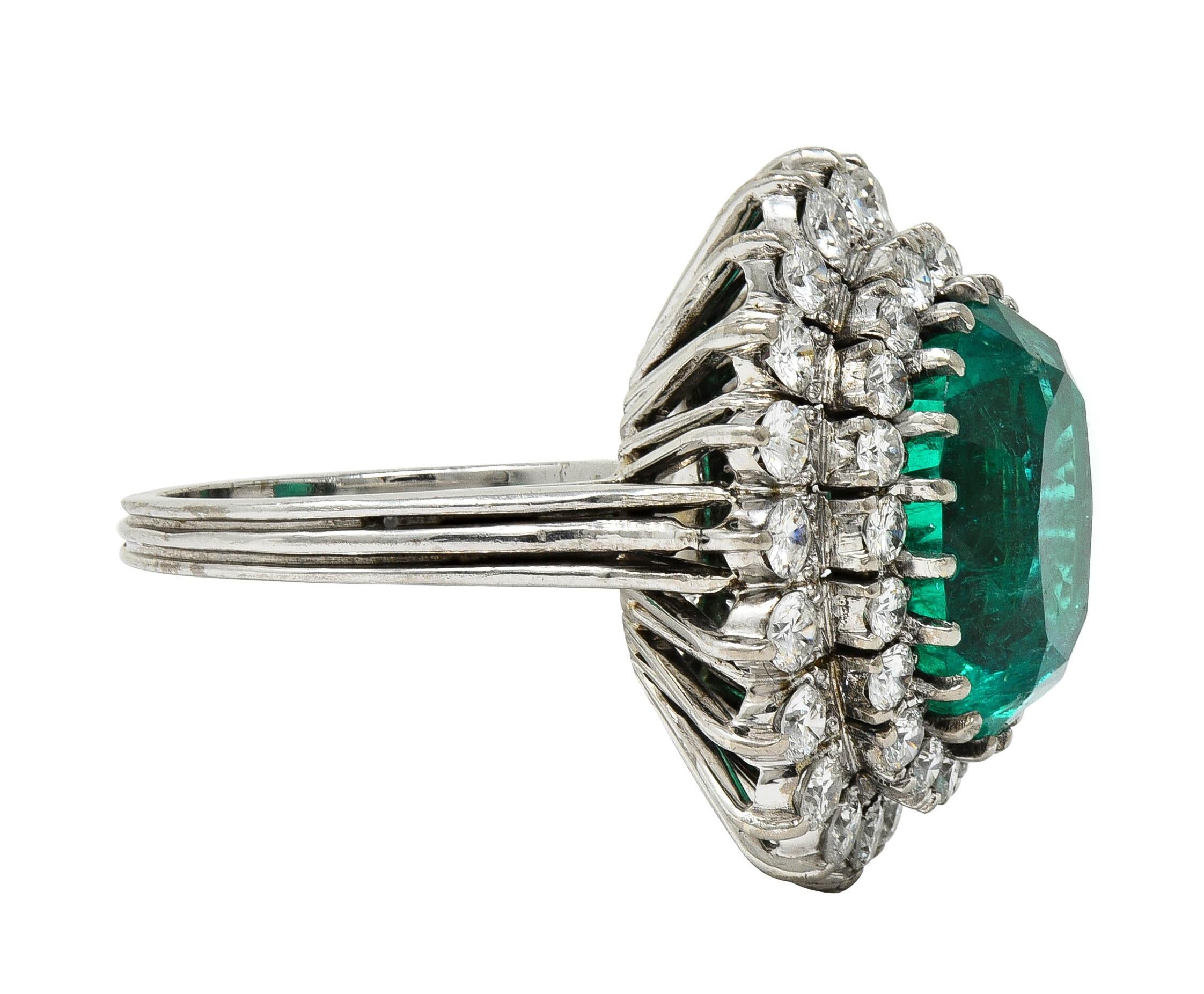 Mid-Century 7.60 CTW Emerald Diamond 18 Karat Gold Vintage Double Halo Ring AGL