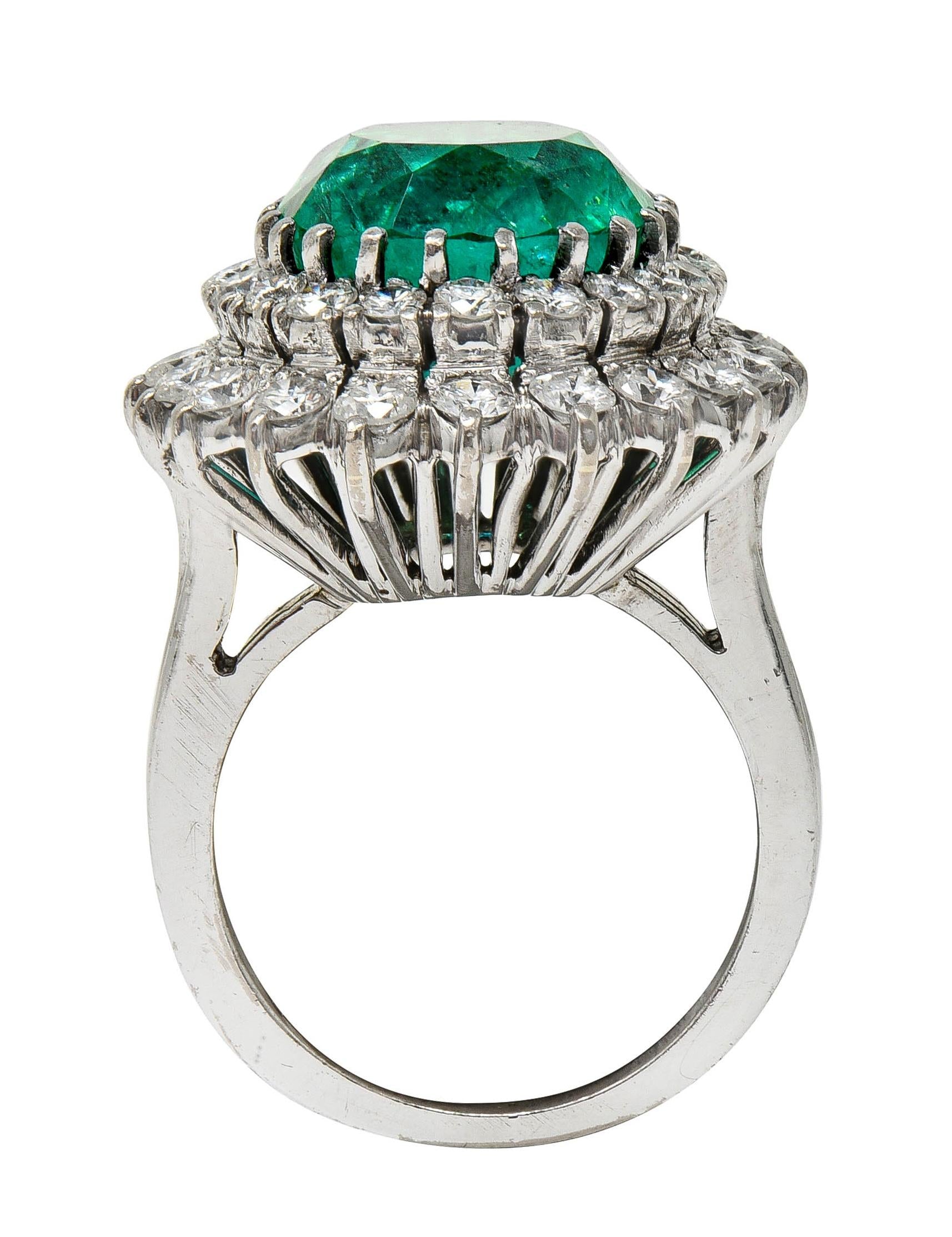 Mid-Century 7.60 CTW Emerald Diamond 18 Karat Gold Vintage Double Halo Ring AGL