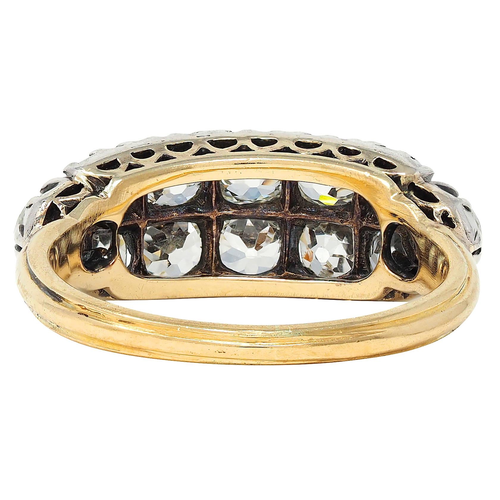 Victorian 1.80 CTW Old Mine Diamond Silver 18K Gold Antique Double Row Band Ring