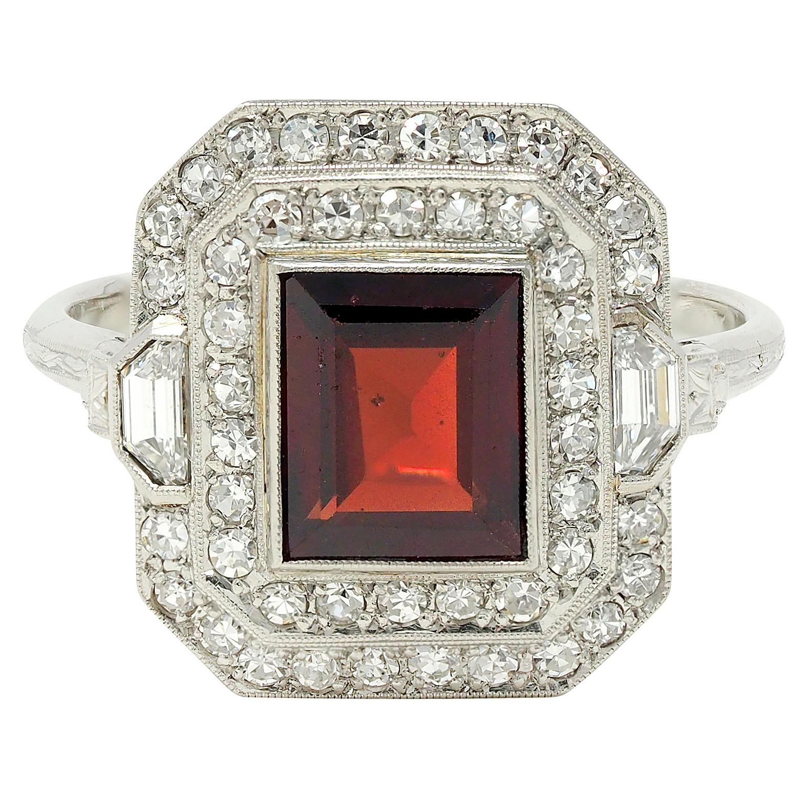 Art Deco 2.50 CTW Garnet Diamond Platinum Vintage Double Halo Ring