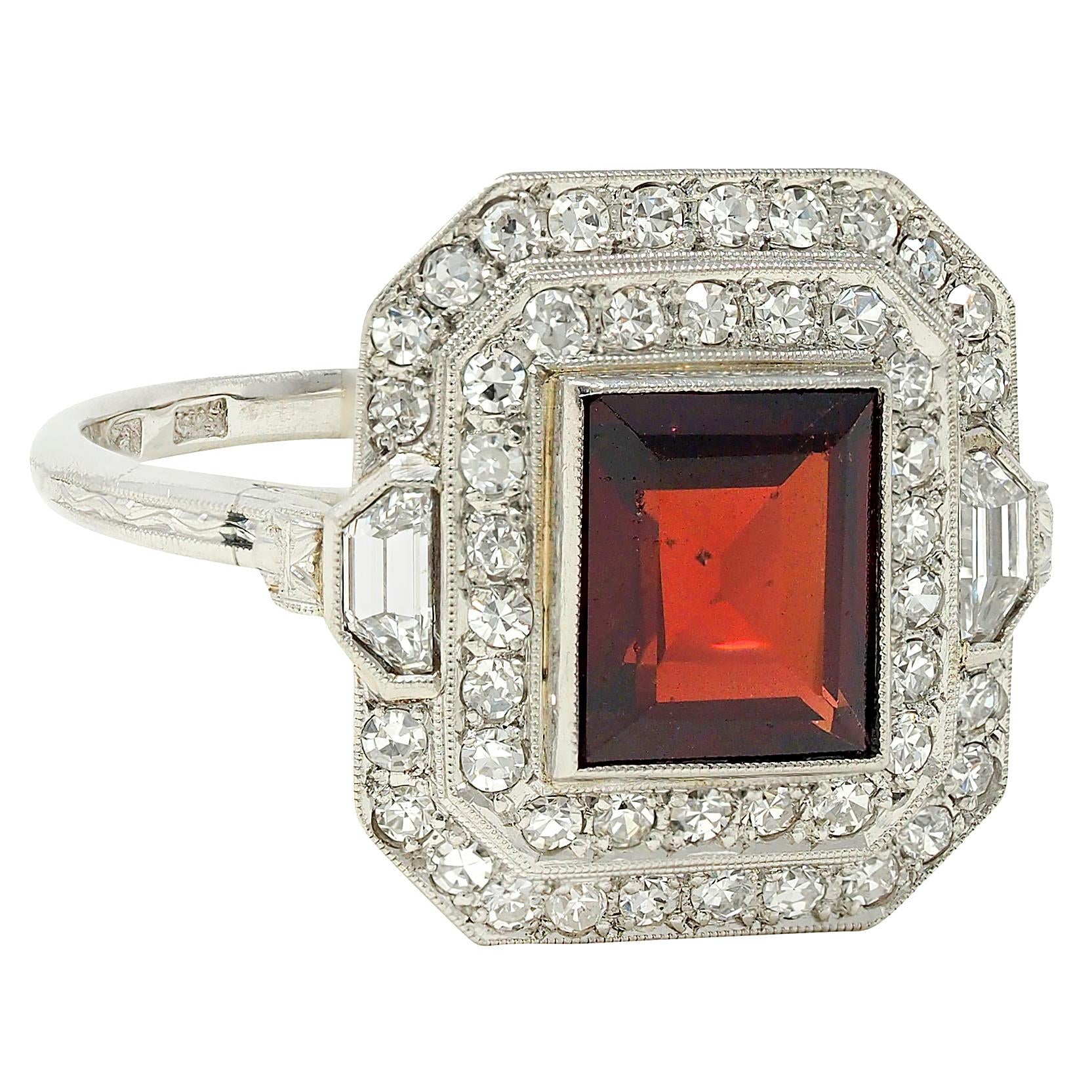 Art Deco 2.50 CTW Garnet Diamond Platinum Vintage Double Halo Ring