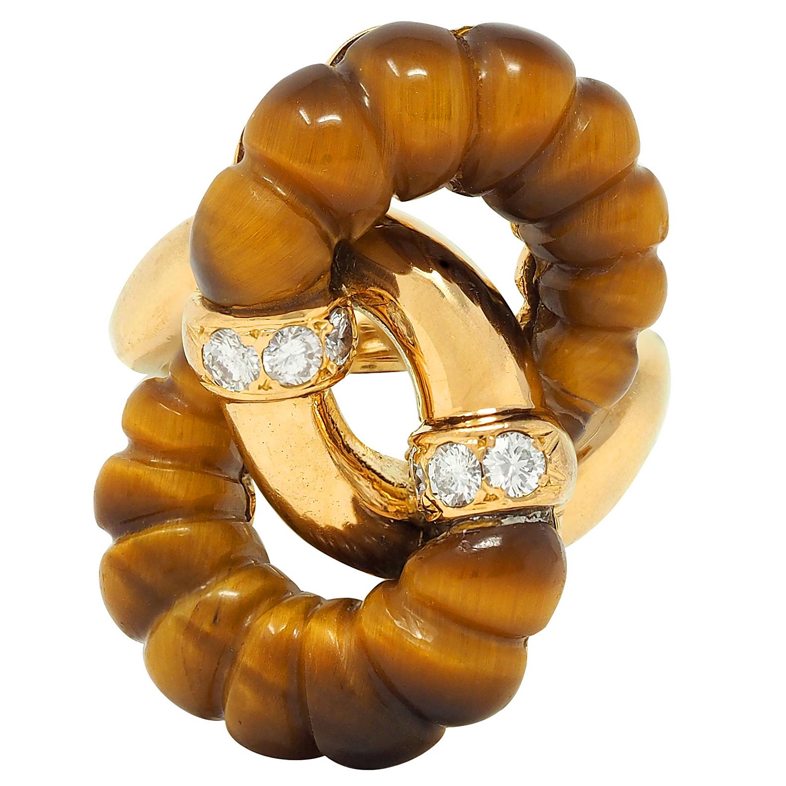 1973 French Diamond Tiger's Eye Quartz 18K Gold Interlocking Vintage Bypass Ring