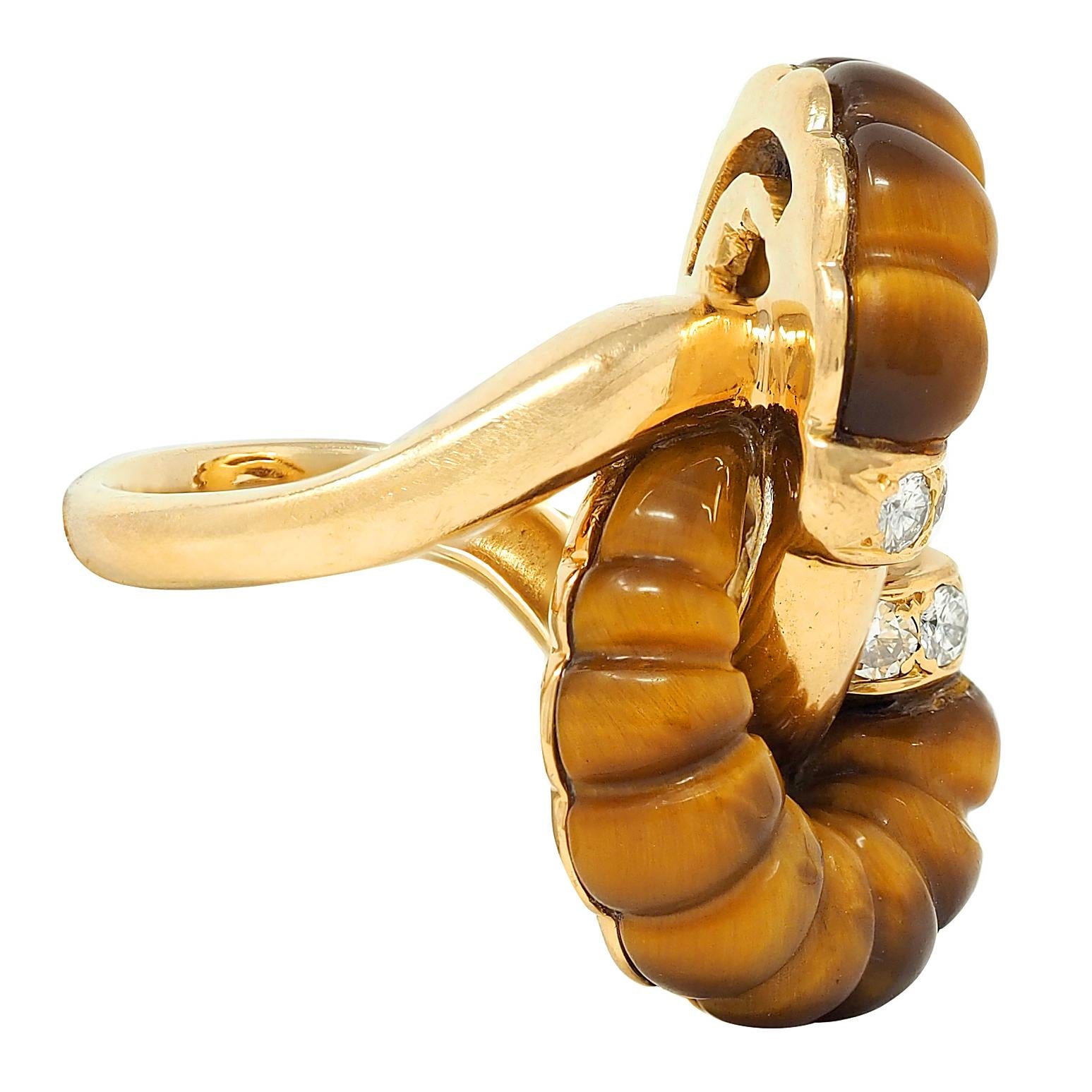 1973 French Diamond Tiger's Eye Quartz 18K Gold Interlocking Vintage Bypass Ring