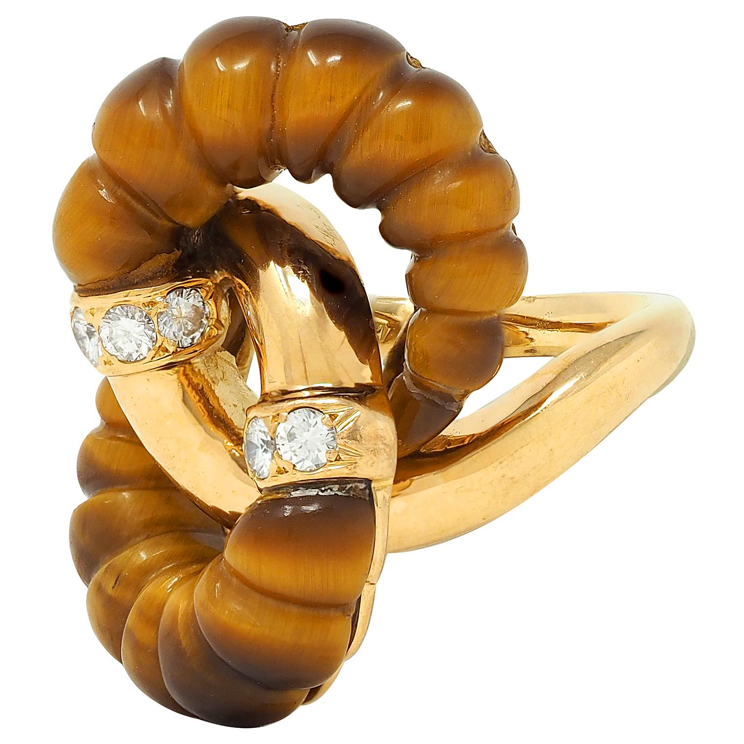 1973 French Diamond Tiger's Eye Quartz 18K Gold Interlocking Vintage Bypass Ring