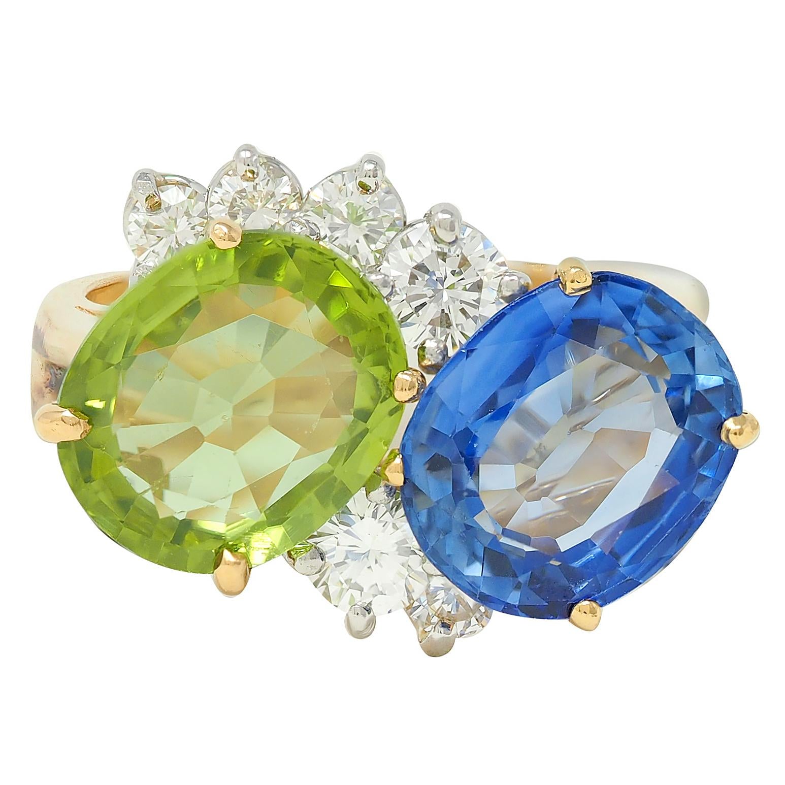 Oscar Heyman Sapphire Peridot Diamond Platinum 18K Gold Vintage Toi-Et-Moi Ring