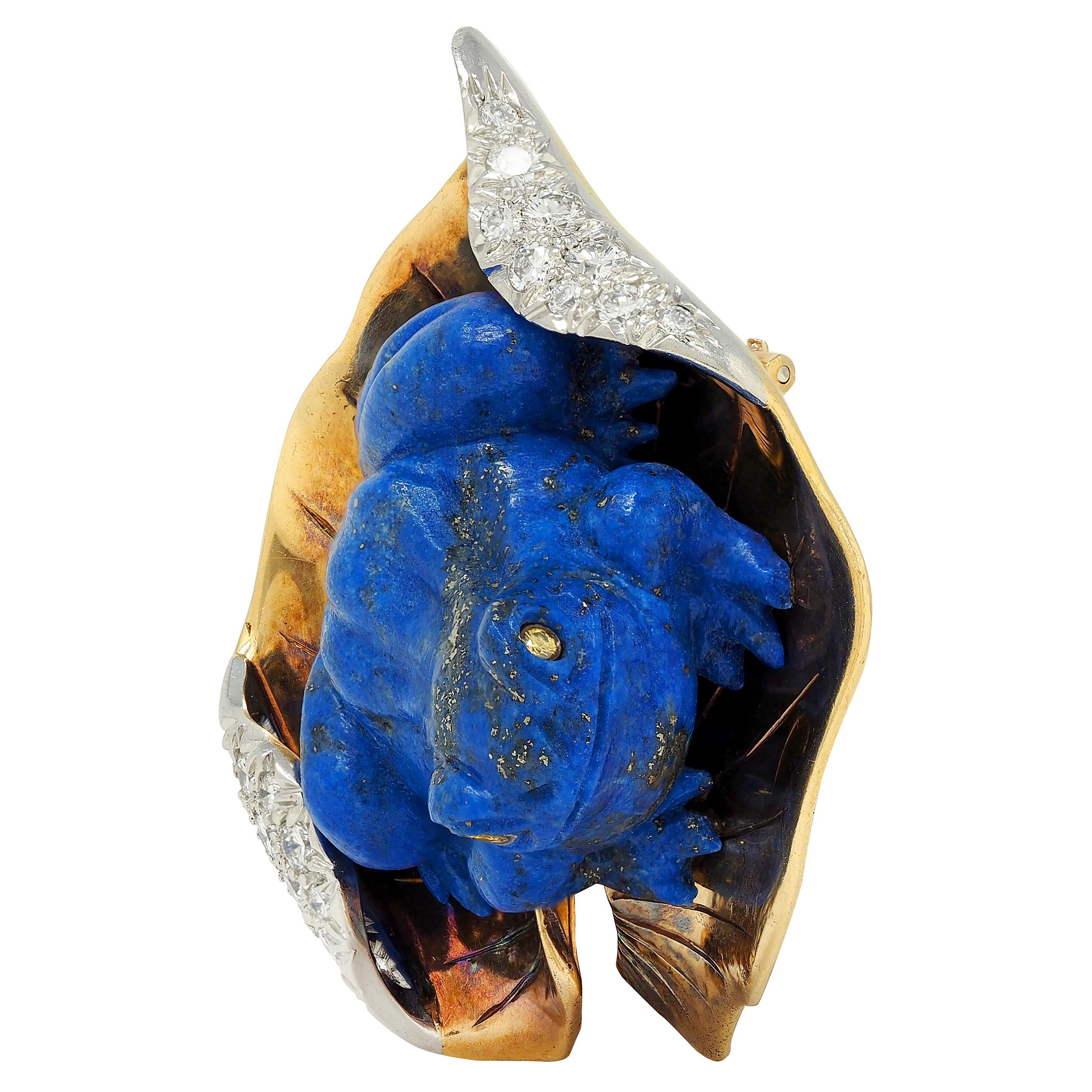 Verdura 1950's Lapis Diamond Platinum 18K Gold Vintage Frog On A Leaf Brooch
