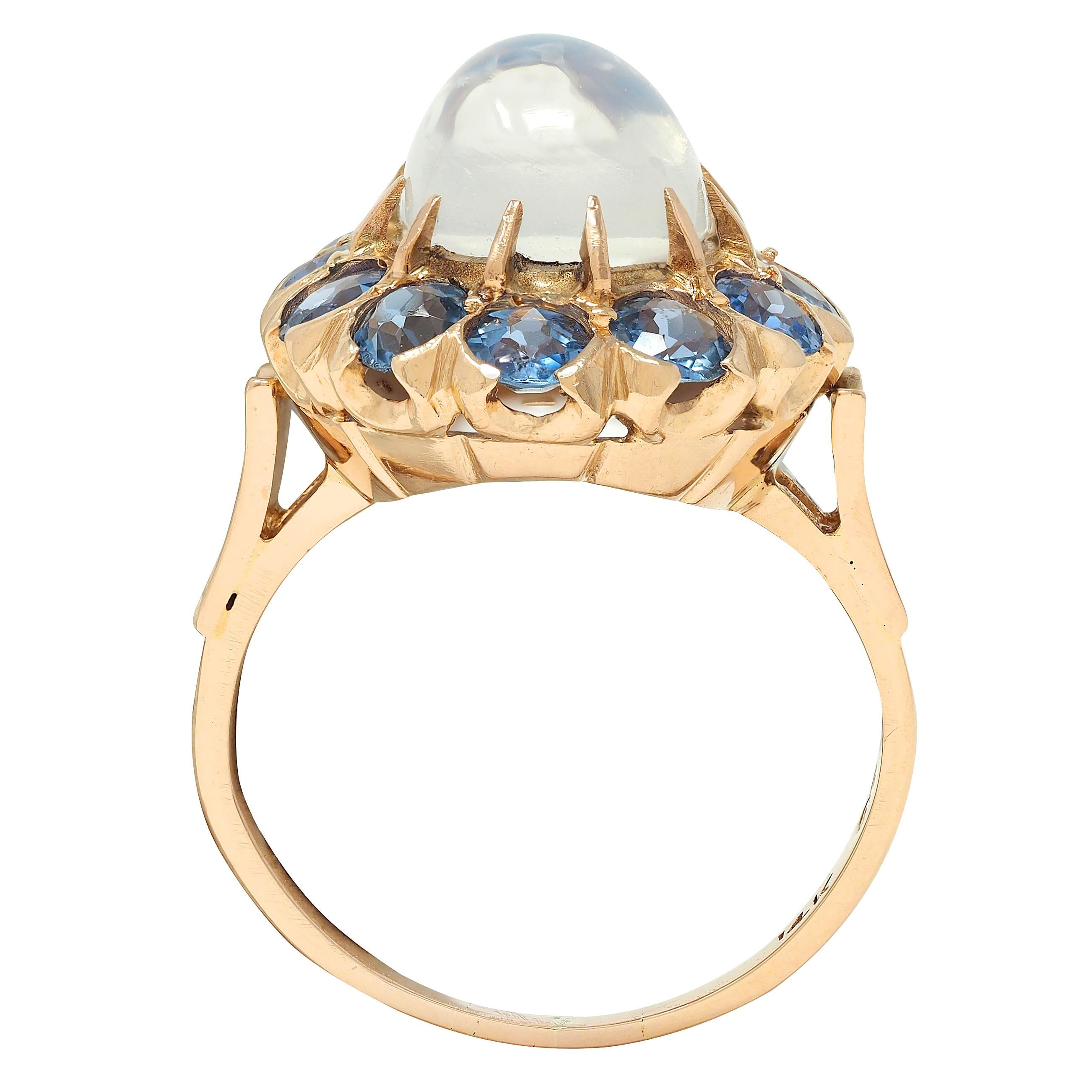Binder Bros 1940's 2.35 CTW Sapphire Moonstone 14 Karat Gold Vintage Halo Ring