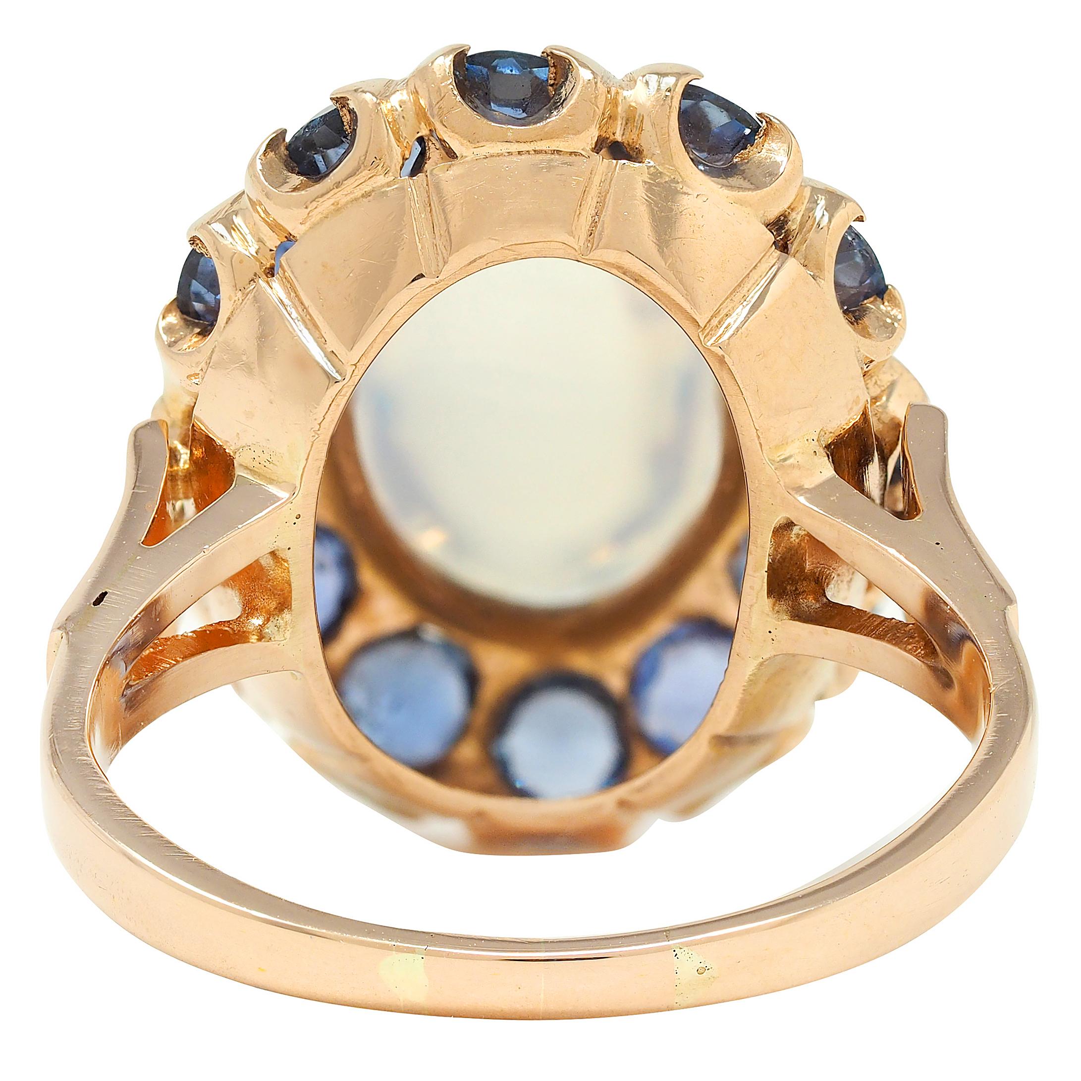 Binder Bros 1940's 2.35 CTW Sapphire Moonstone 14 Karat Gold Vintage Halo Ring