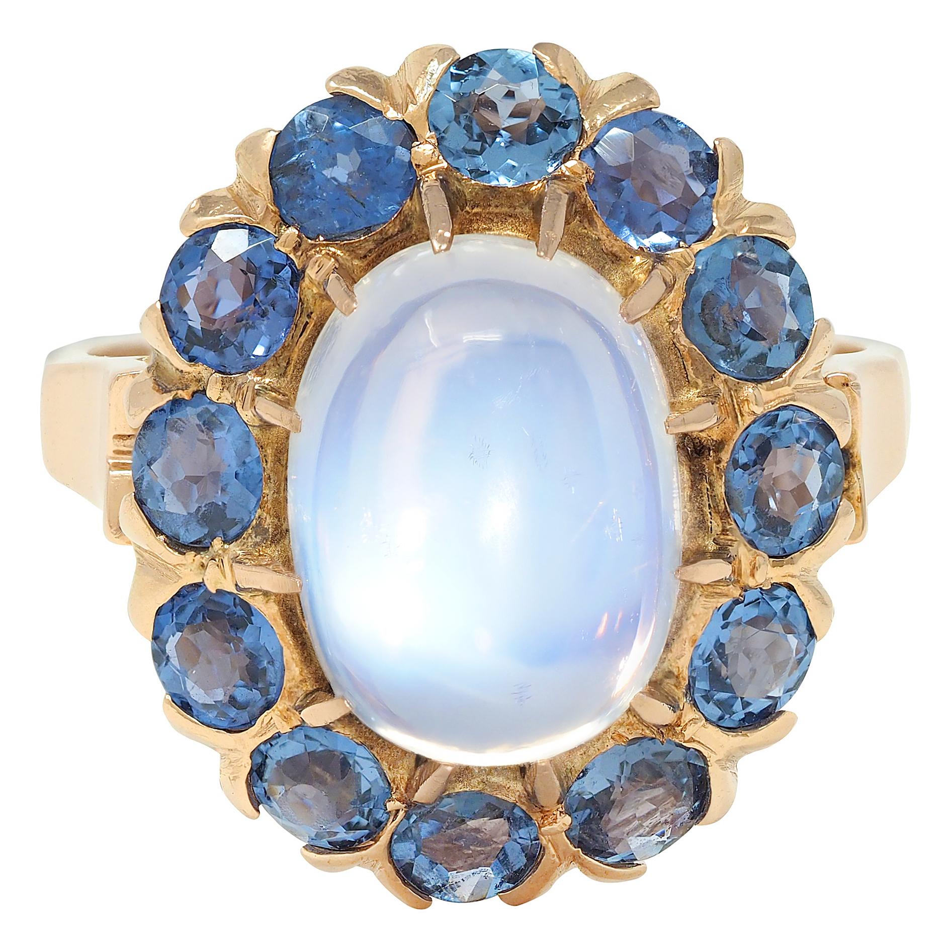 Binder Bros 1940's 2.35 CTW Sapphire Moonstone 14 Karat Gold Vintage Halo Ring