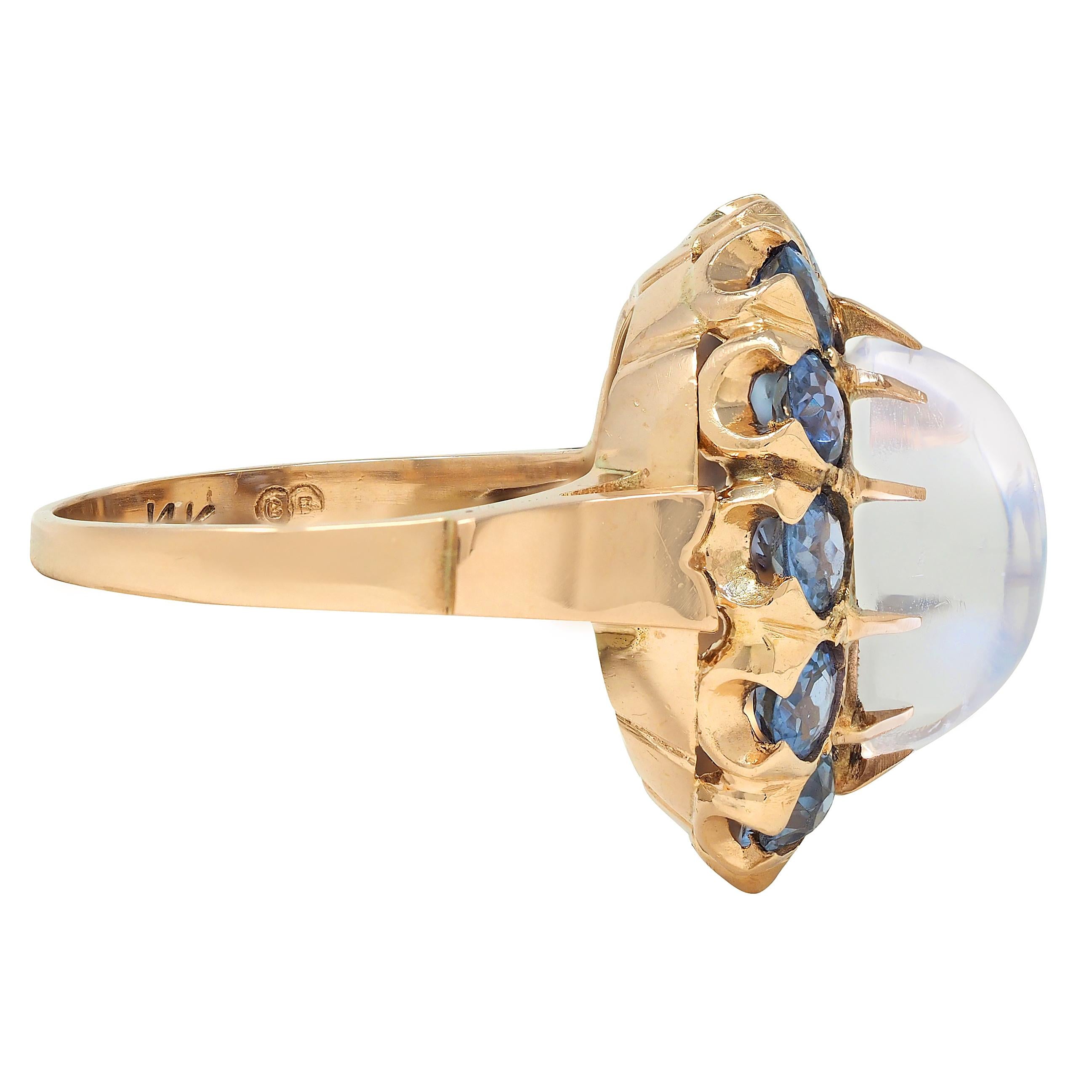 Binder Bros 1940's 2.35 CTW Sapphire Moonstone 14 Karat Gold Vintage Halo Ring