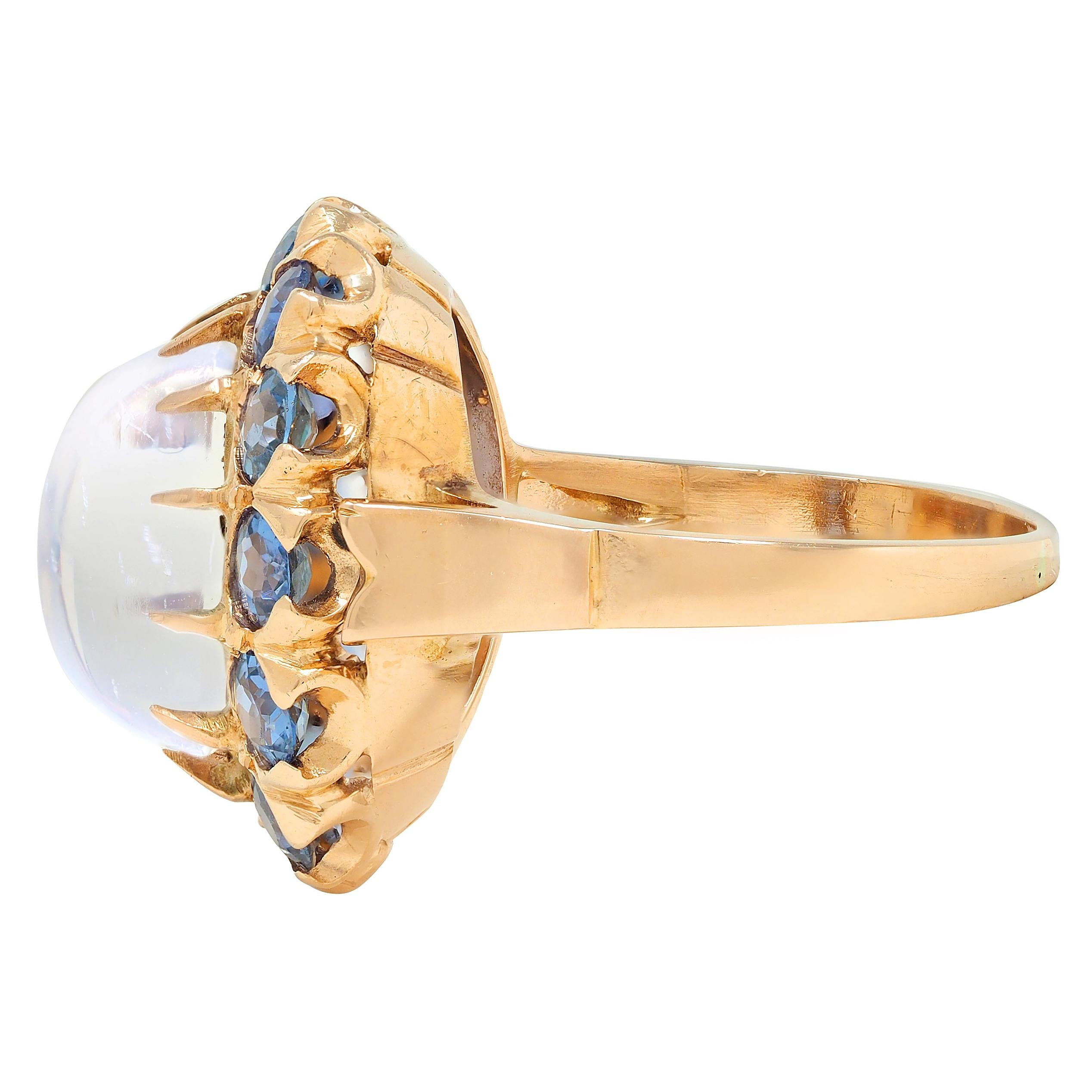 Binder Bros 1940's 2.35 CTW Sapphire Moonstone 14 Karat Gold Vintage Halo Ring