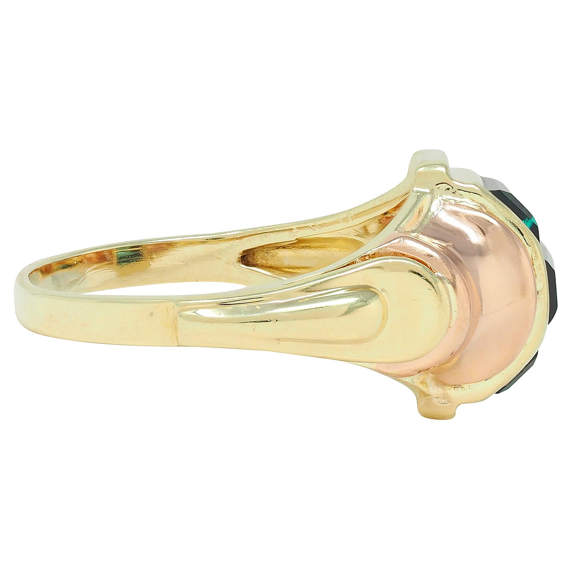 Retro French Tourmaline 14 Karat Two-Tone Gold Domed Vintage Tank Ring