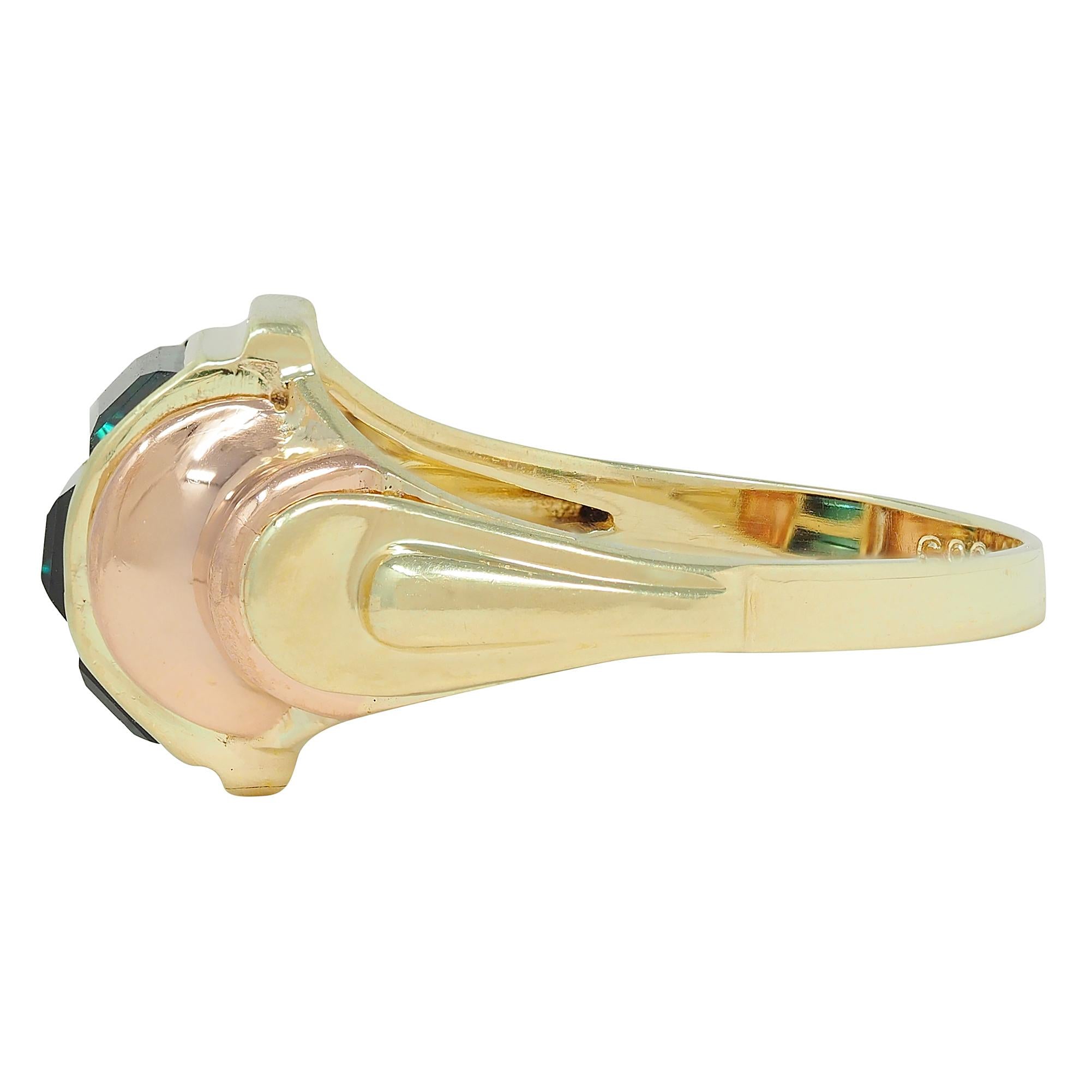 Retro French Tourmaline 14 Karat Two-Tone Gold Domed Vintage Tank Ring