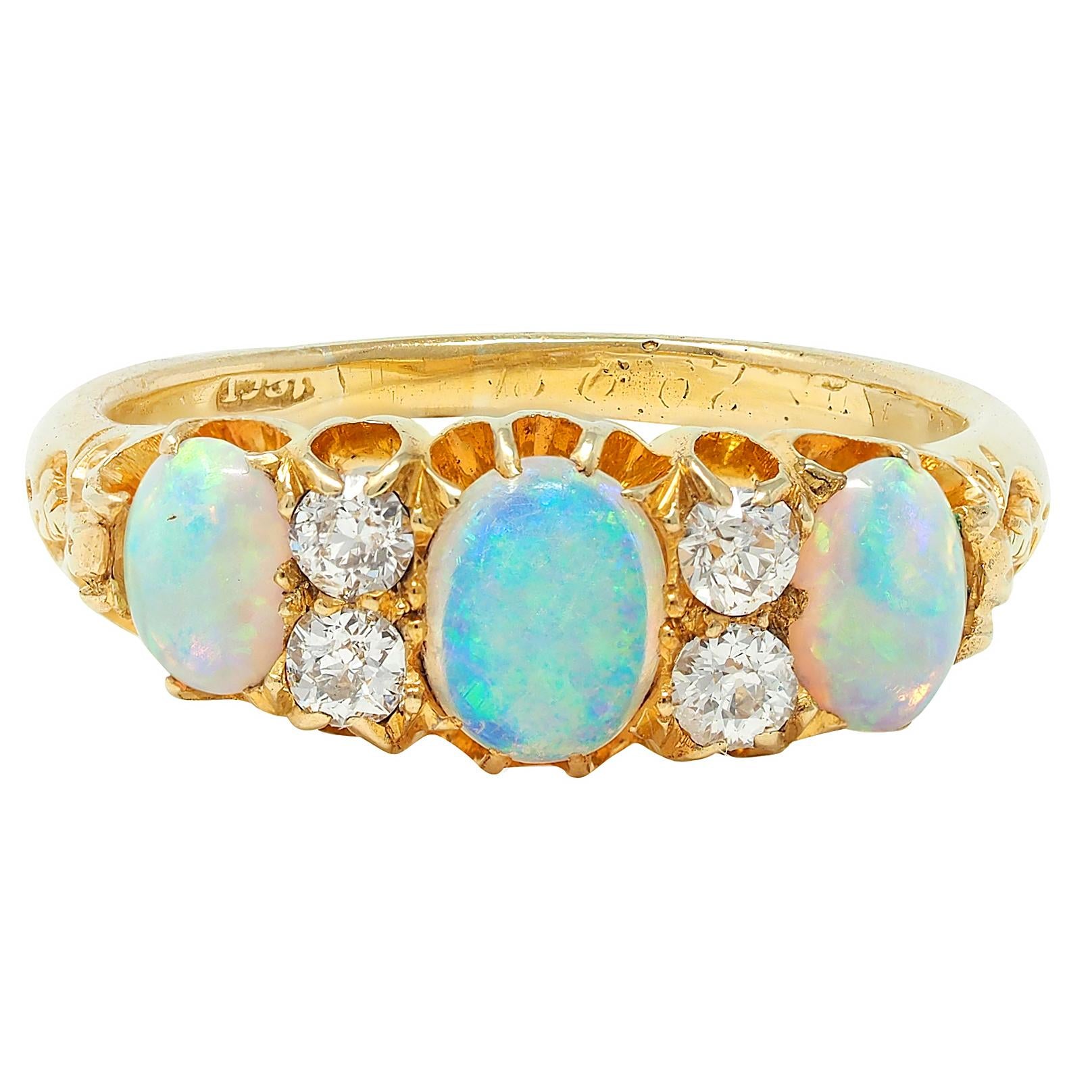 Art Nouveau Opal Diamond 18 Karat Yellow Gold Foliate Antique Band Ring