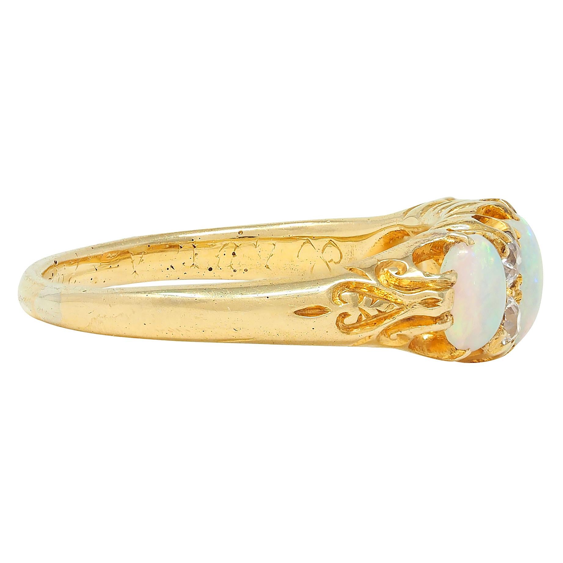 Art Nouveau Opal Diamond 18 Karat Yellow Gold Foliate Antique Band Ring