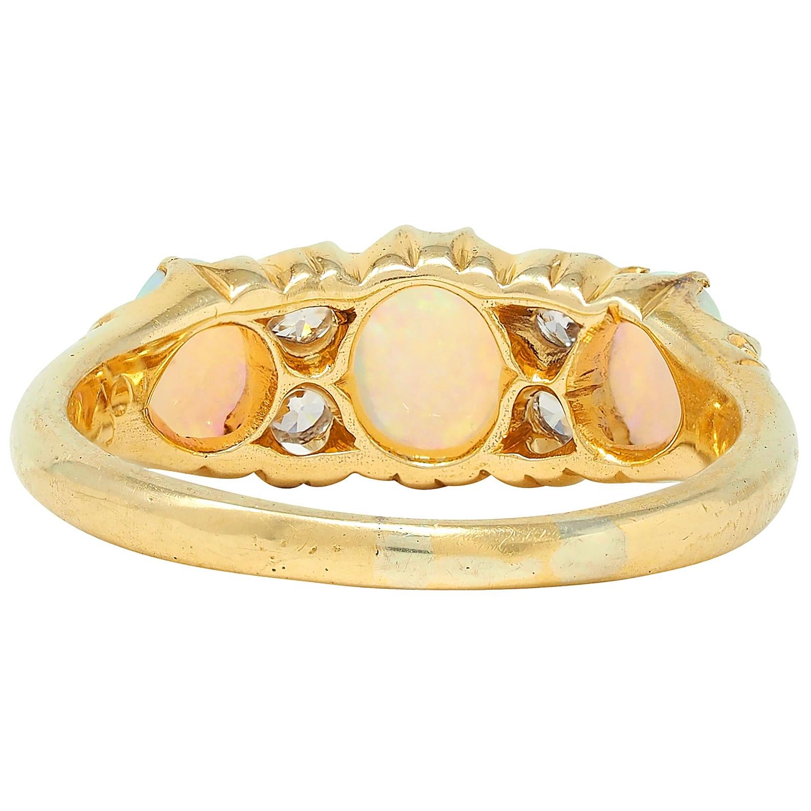 Art Nouveau Opal Diamond 18 Karat Yellow Gold Foliate Antique Band Ring