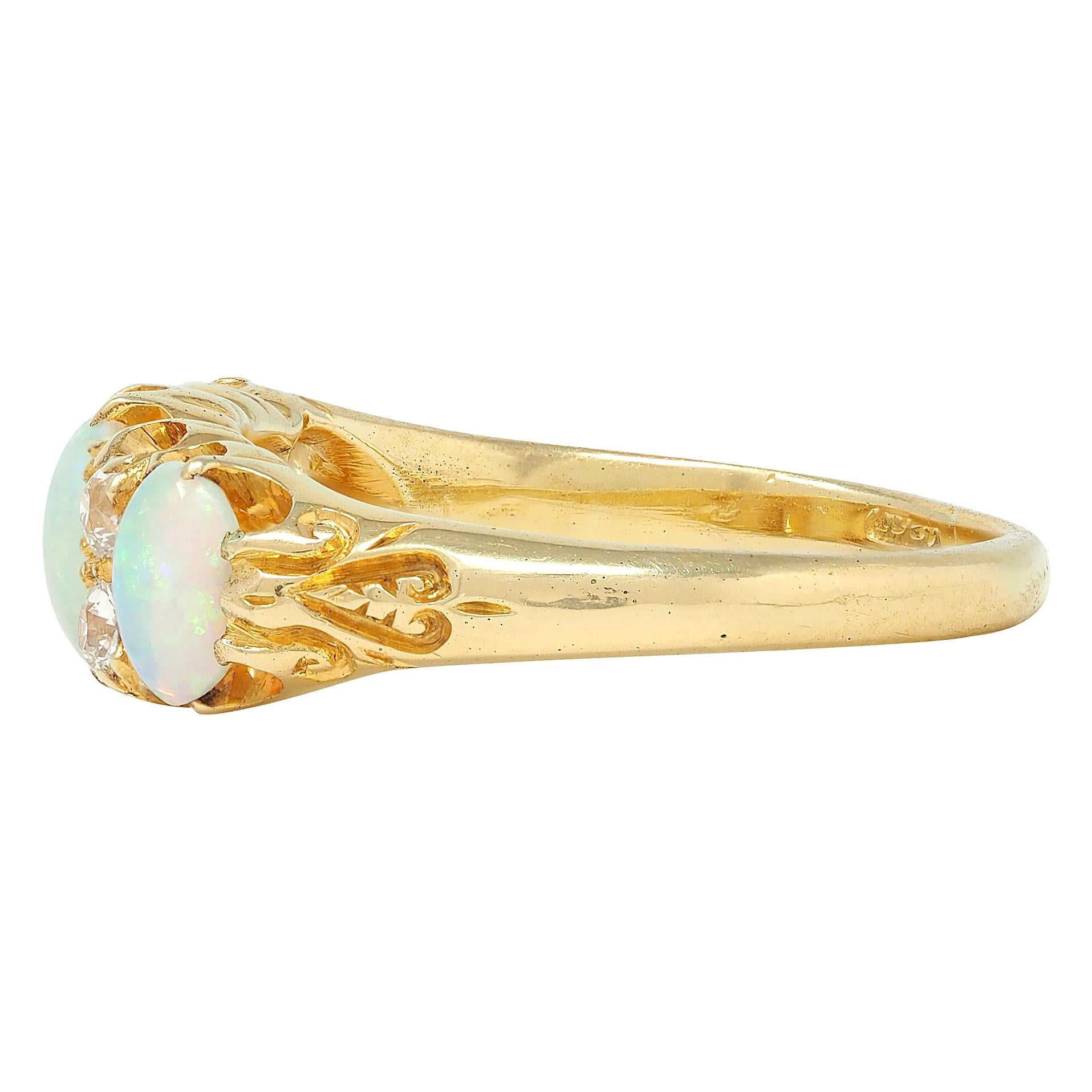 Art Nouveau Opal Diamond 18 Karat Yellow Gold Foliate Antique Band Ring