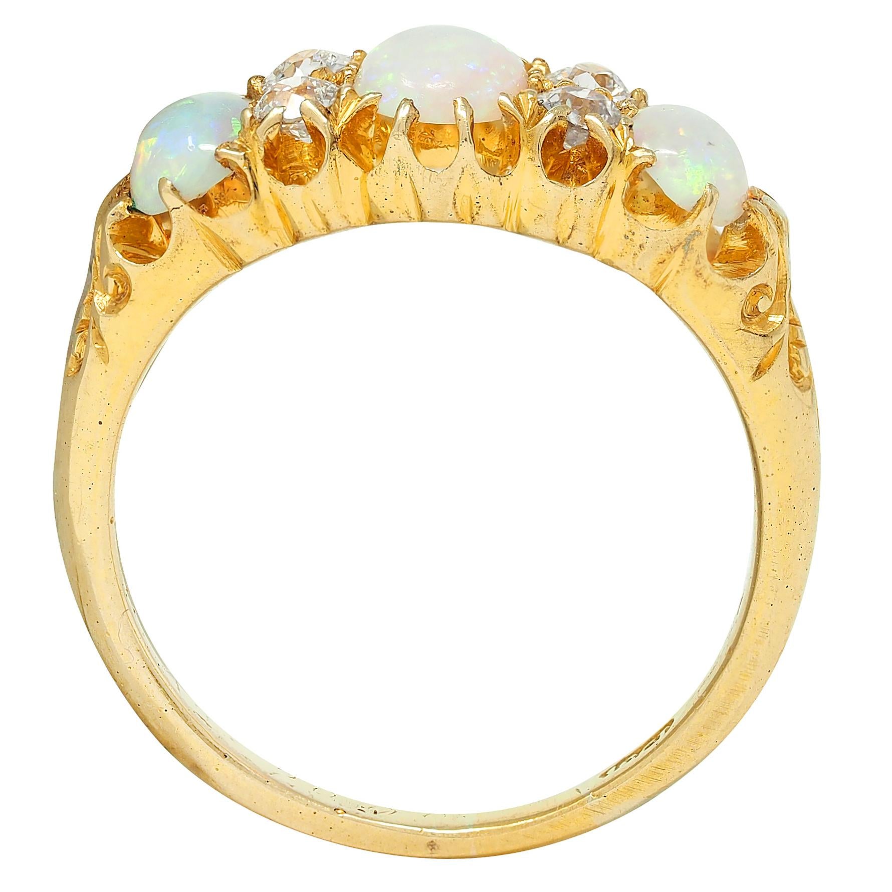 Art Nouveau Opal Diamond 18 Karat Yellow Gold Foliate Antique Band Ring