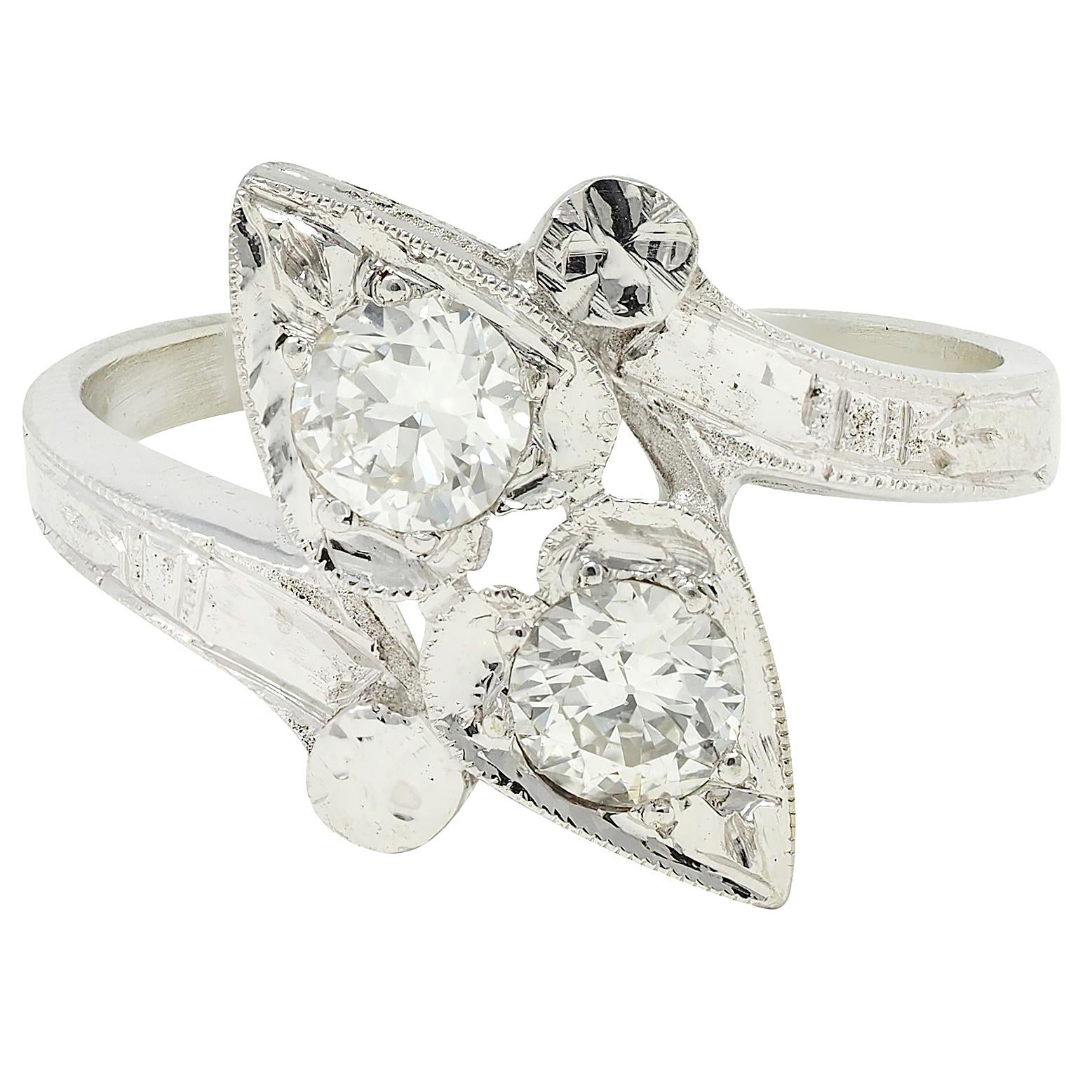 Retro Diamond 0.40 CTW 14 Karat White Gold Heart Vintage Bypass Ring