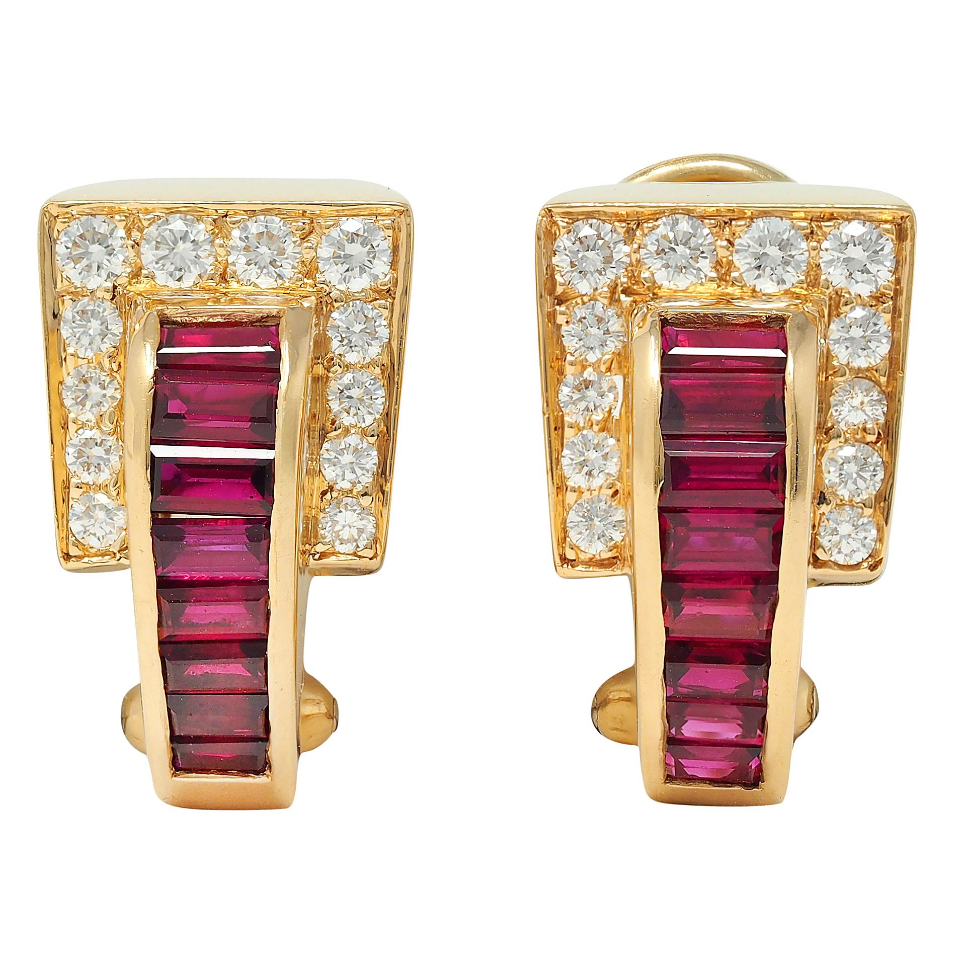 1980's 2.30 CTW Ruby Diamond 18 Karat Yellow Gold Vintage J-Hoop Earrings